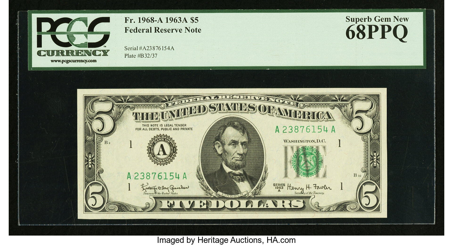image for: Fr. 1968-A $5 1963A Federal Reserve Note. PCGS Superb Gem New 68PPQ....