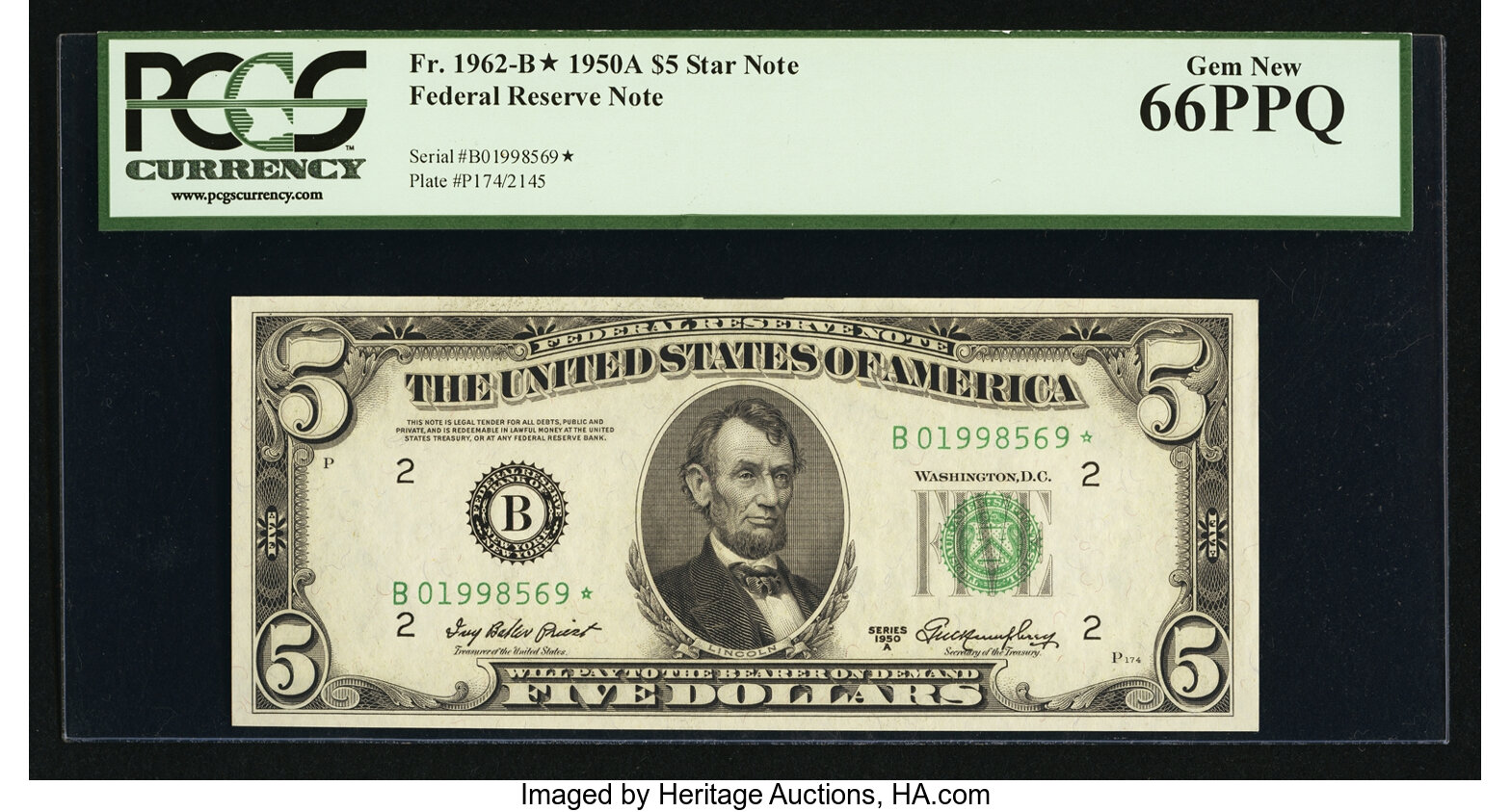 image for: Top Pop Fr. 1962-B* $5 1950A Federal Reserve Note. PCGS Gem New 66PPQ....