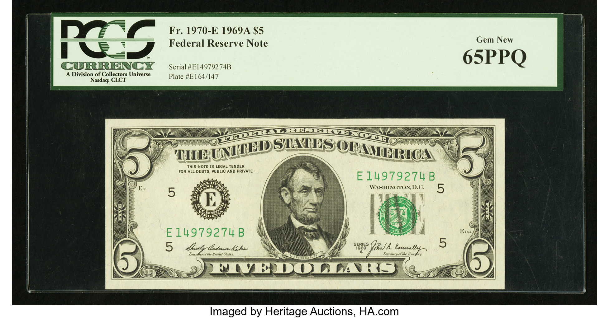 image for: Fr. 1970-E $5 1969A Federal Reserve Note. PCGS Gem New 65PPQ....