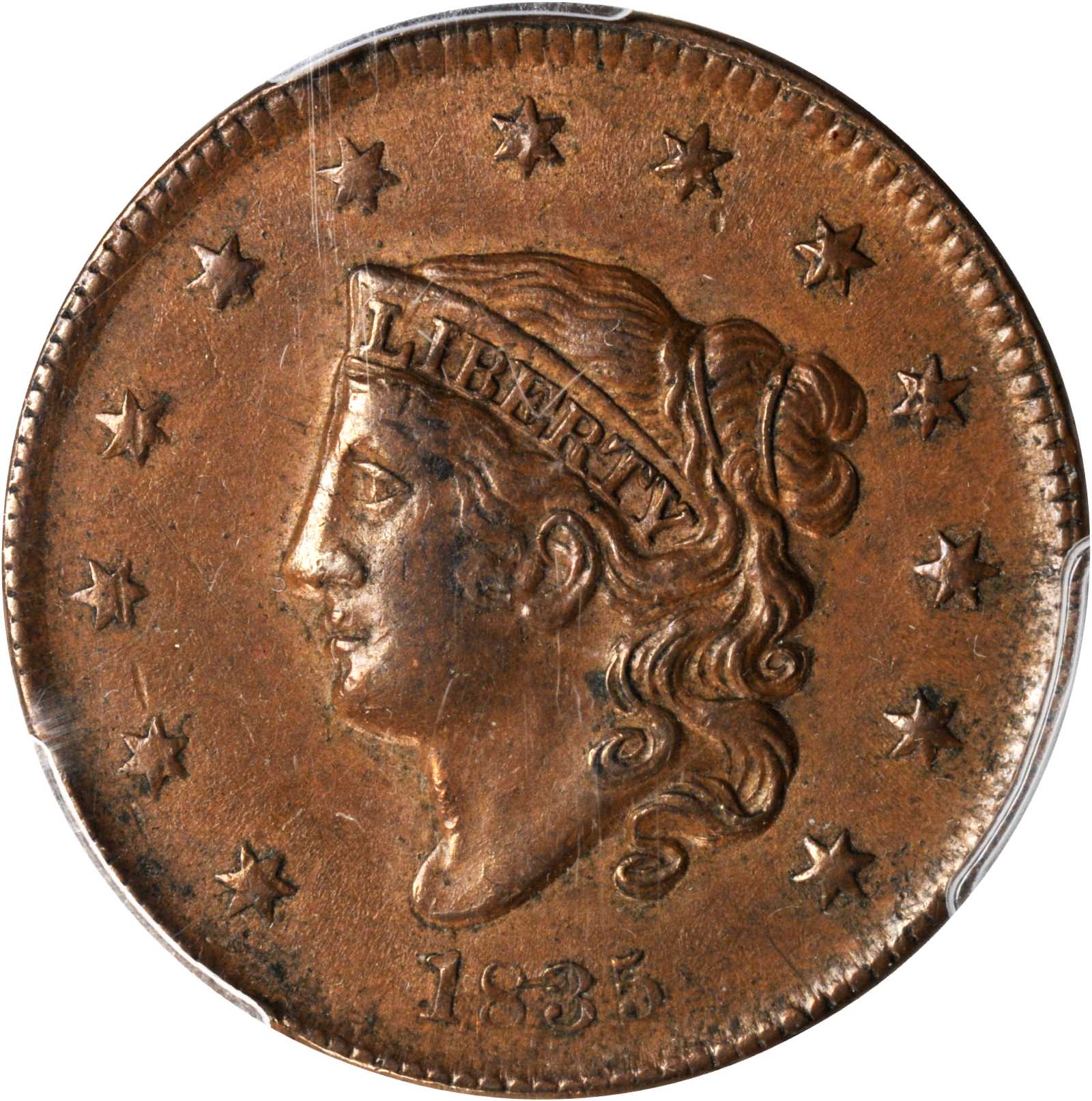 image for: 1835 Matron Head Cent. N-6. Rarity-1. Noyes Die State C/B. Small 8 and Stars. AU-58 (PCGS).
