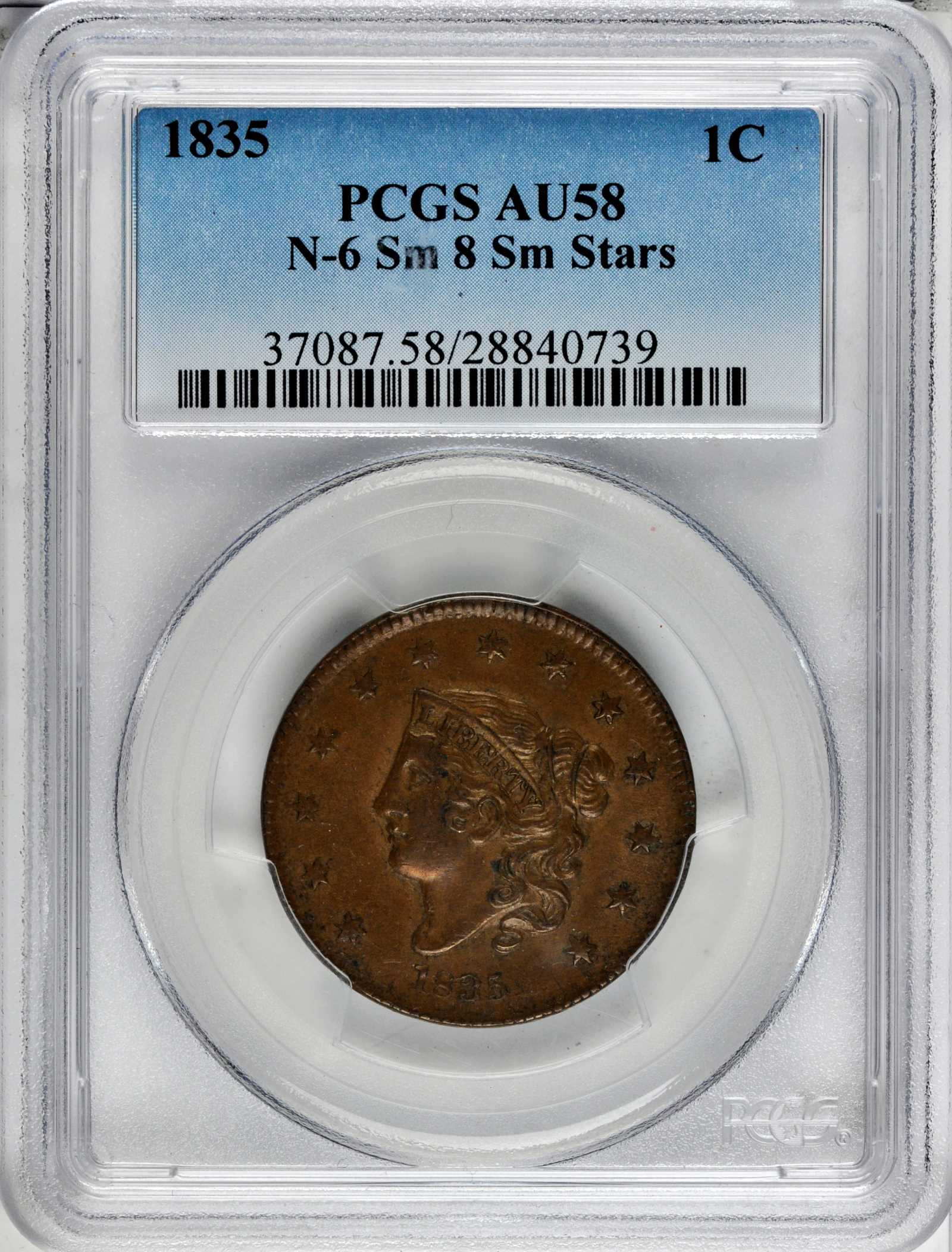 image for: 1835 Matron Head Cent. N-6. Rarity-1. Noyes Die State C/B. Small 8 and Stars. AU-58 (PCGS).