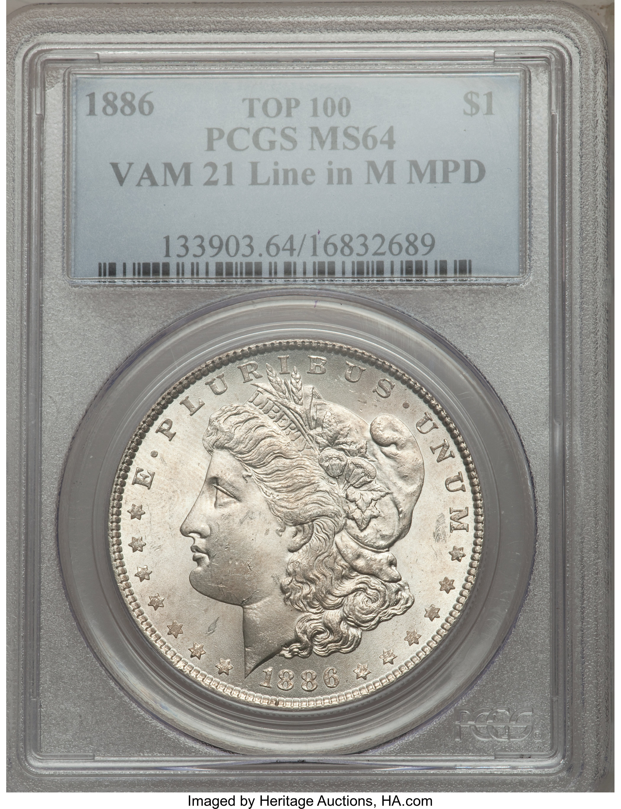 1886 $1 Line in M, Misplace Date, VAM-21, MS64 PCGS. TOP-100. PCGS Population (15/4). NGC Census: (0/0)....