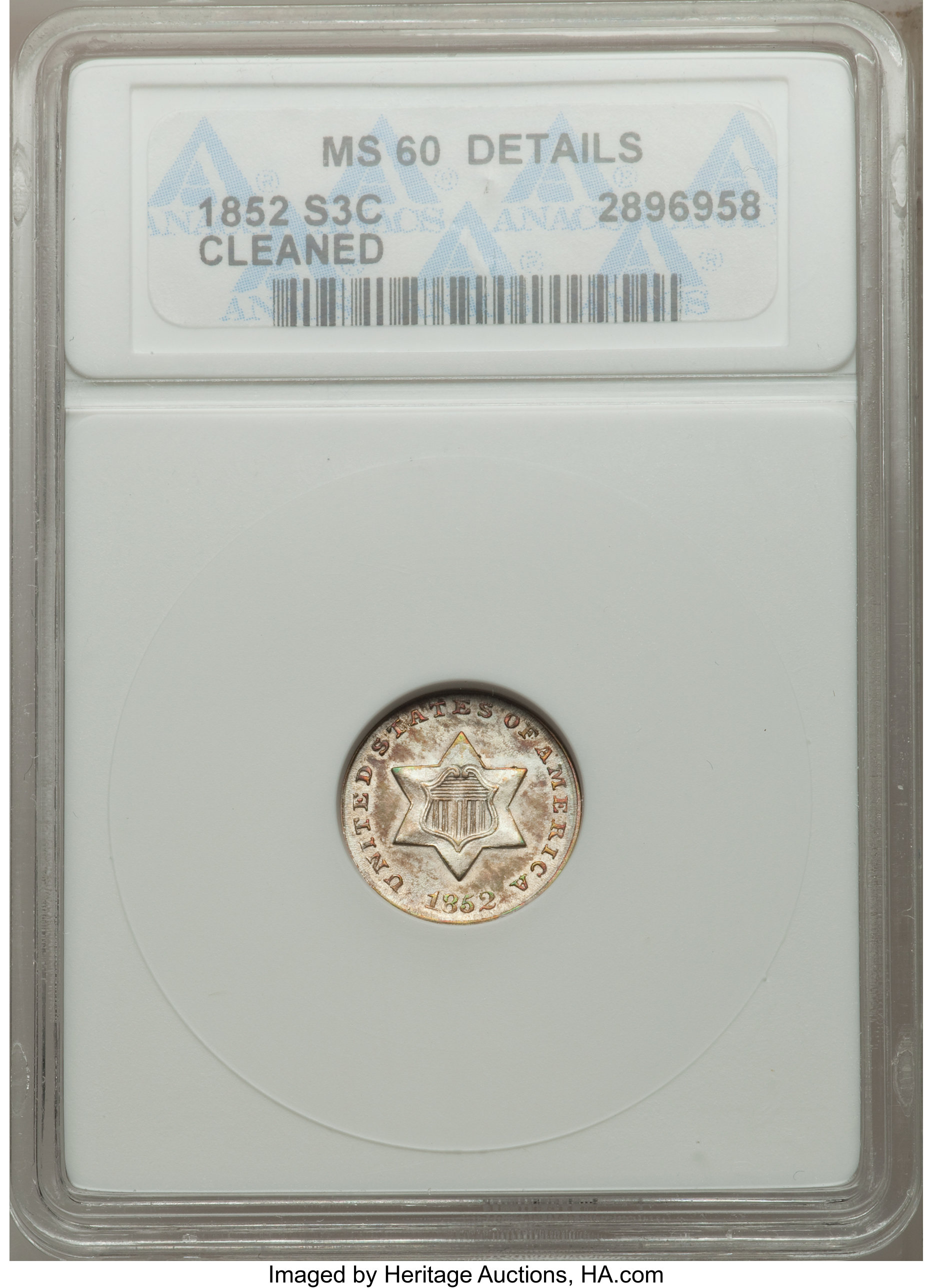 1852 3CS -- Cleaned -- ANACS. MS60 Details. NGC Census: (7/1251). PCGS Population (16/1268). Mintage: 18,663,500. Numismedi...