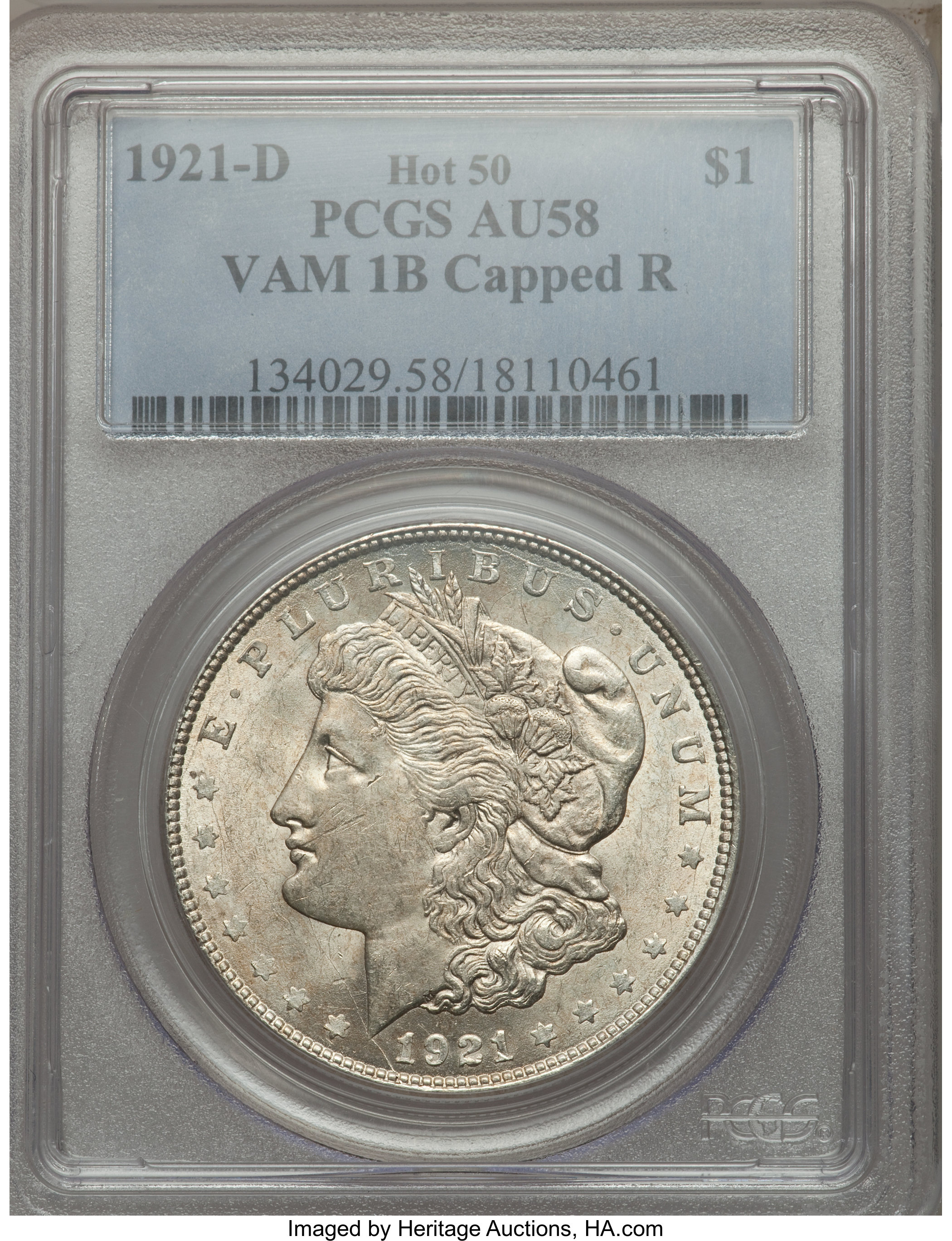 1921-D $1 Capped R, VAM-1B AU58 PCGS. HOT-50. PCGS Population (20/58). NGC Census: (0/0)....