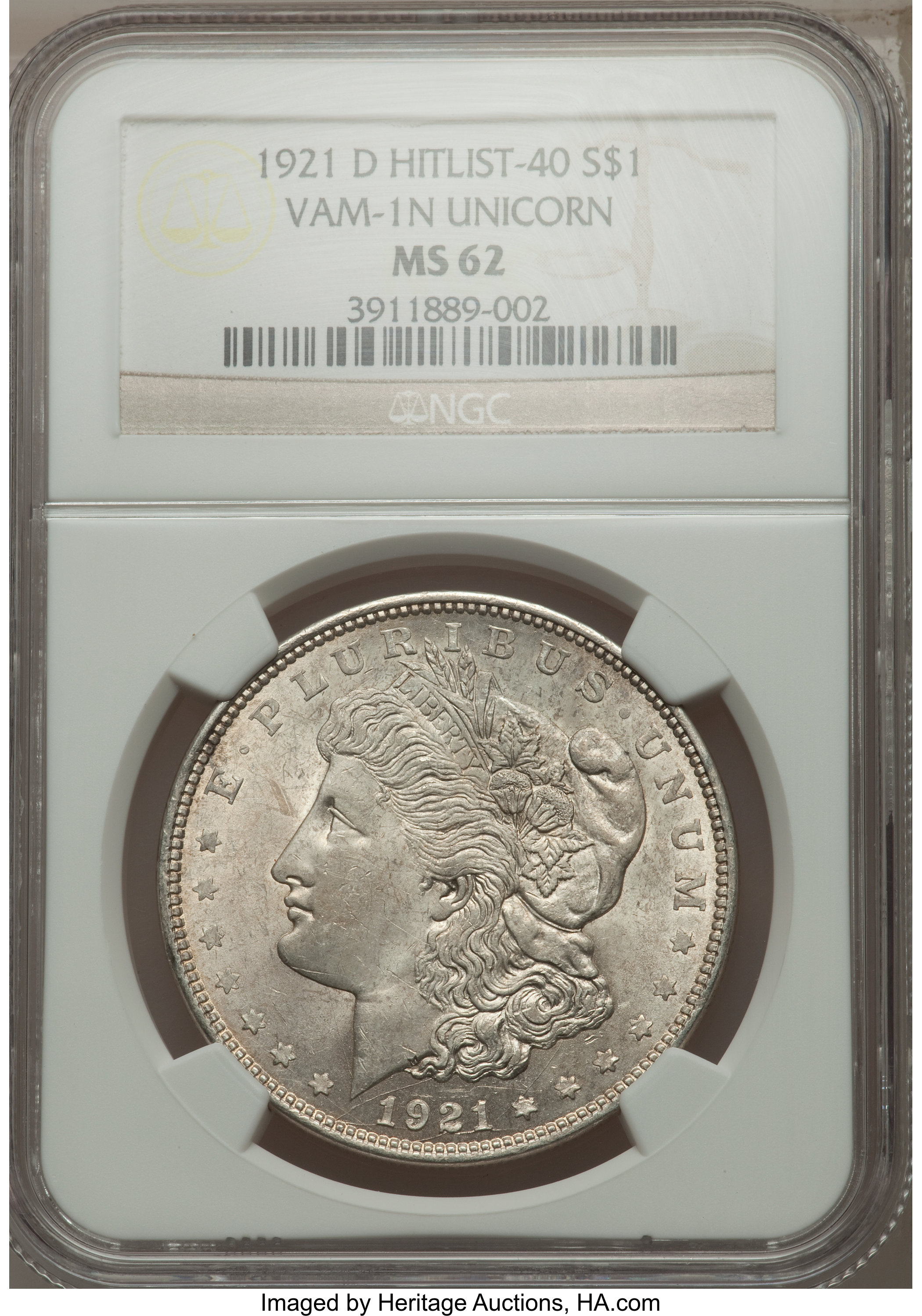 1921-D $1 Unicorn, VAM-1N, MS62 NGC. Hitlist-40. NGC Census: (0/0). PCGS Population (11/22). ...