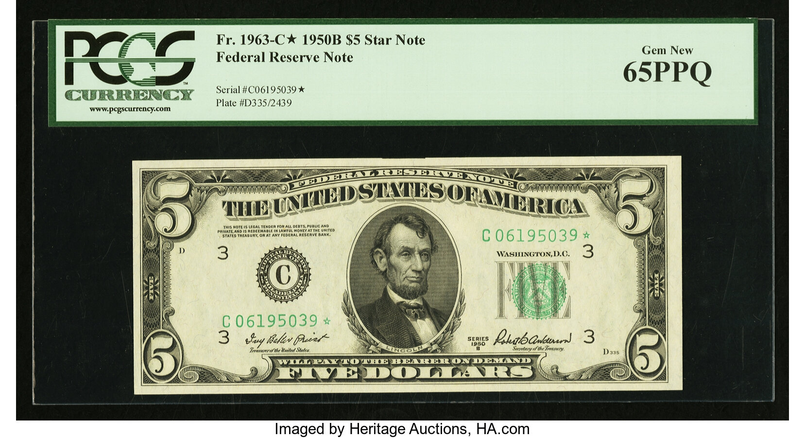 image for: Fr. 1963-C* $5 1950B Federal Reserve Star Note. PCGS Gem New 65PPQ....