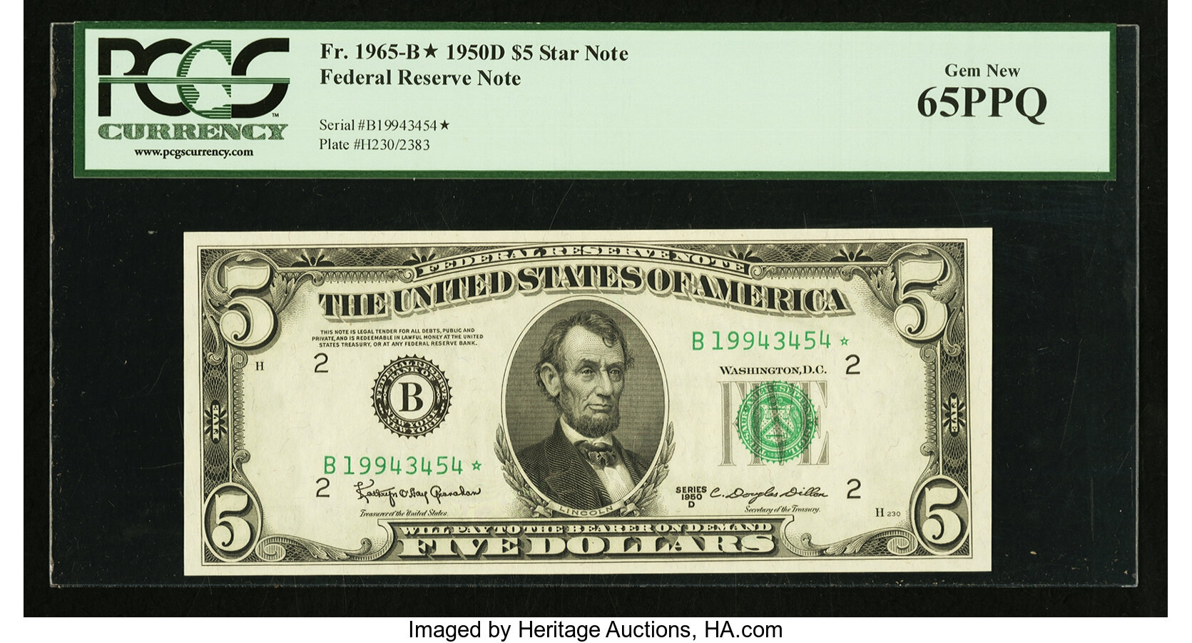 image for: Fr. 1965-B* $5 1950D Federal Reserve Star Note. PCGS Gem New 65PPQ....