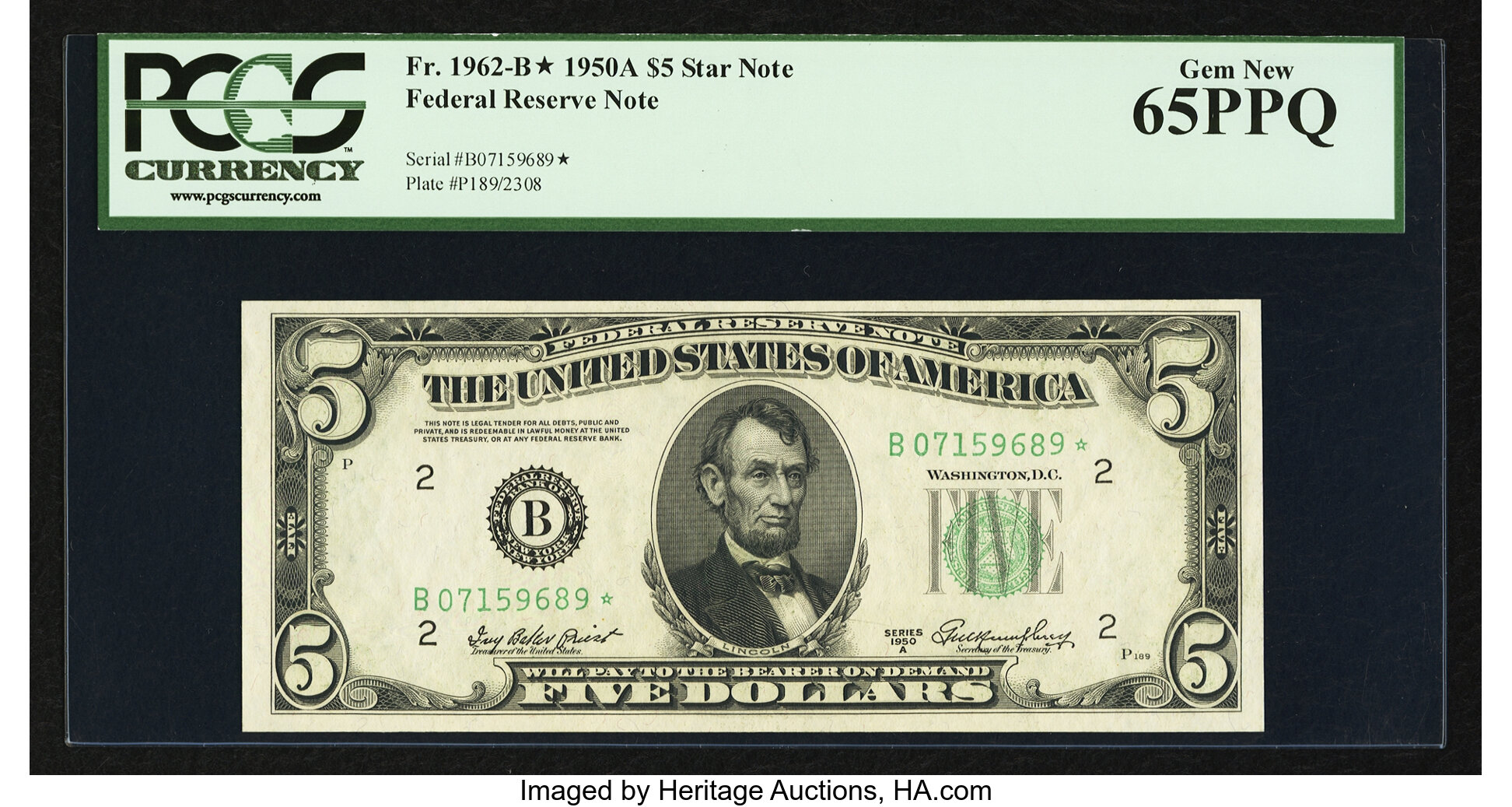 image for: Fr. 1962-B* $5 1950A Federal Reserve Star Note. PCGS Gem New 65PPQ....