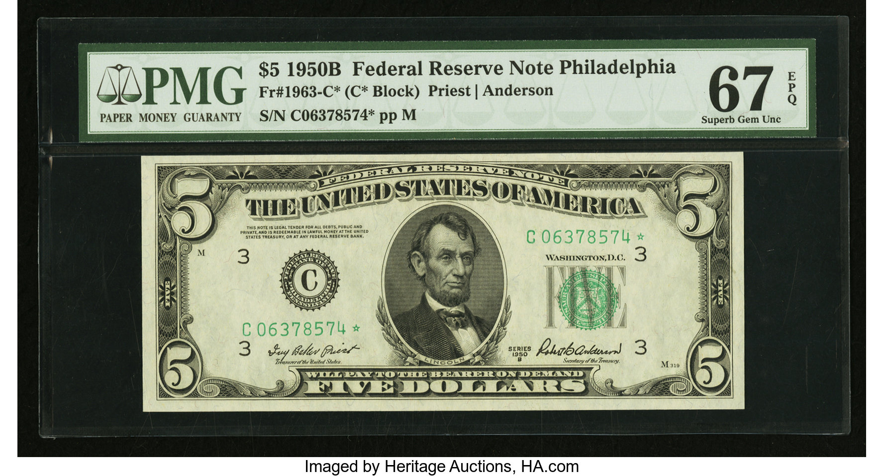 image for: Fr. 1963-C* $5 1950B Federal Reserve Star Note. PMG Superb Gem Unc 67 EPQ....
