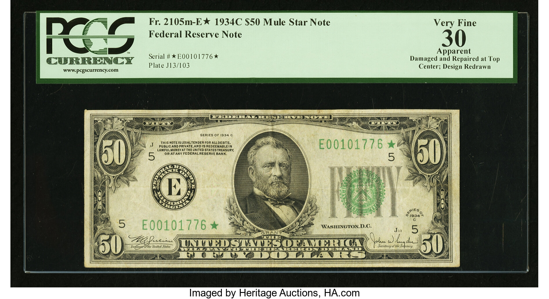 image for: Fr. 2105-E* $50 1934C Federal Reserve Star Note. PCGS Apparent Very Fine 30....