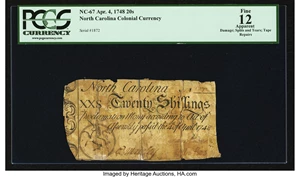image for: North Carolina April 4, 1748 20s PCGS Apparent Fine 12....