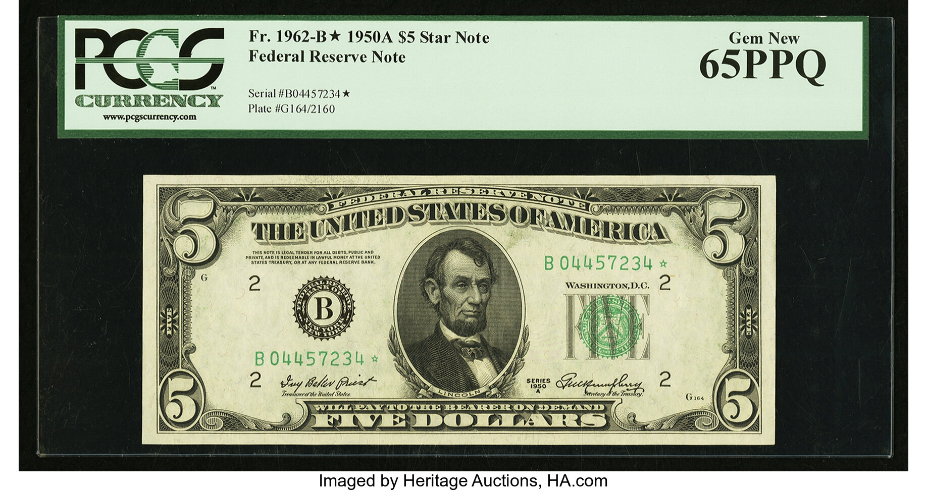 image for: Fr. 1962-B* $5 1950A Federal Reserve Star Note. PCGS Gem New 65PPQ....
