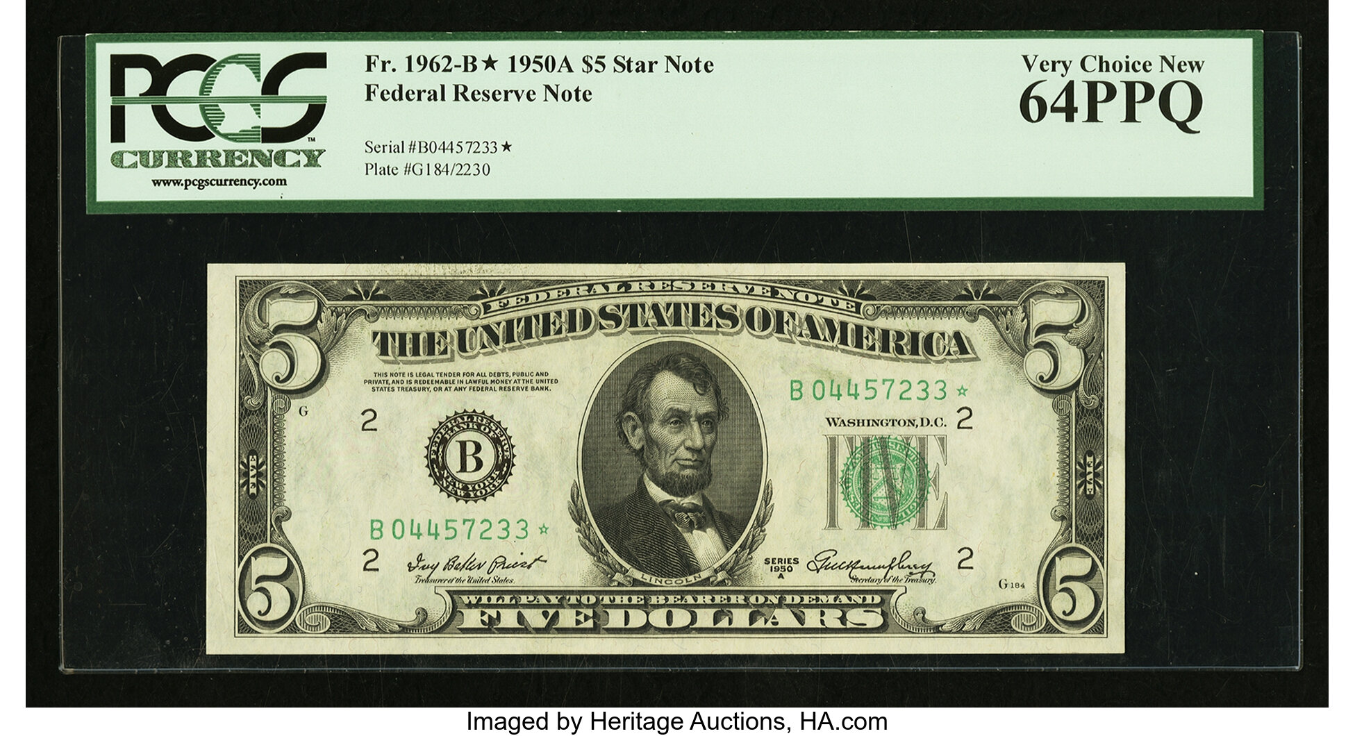 image for: Fr. 1962-B* $5 1950A Federal Reserve Star Note. PCGS Very Choice New 64PPQ....