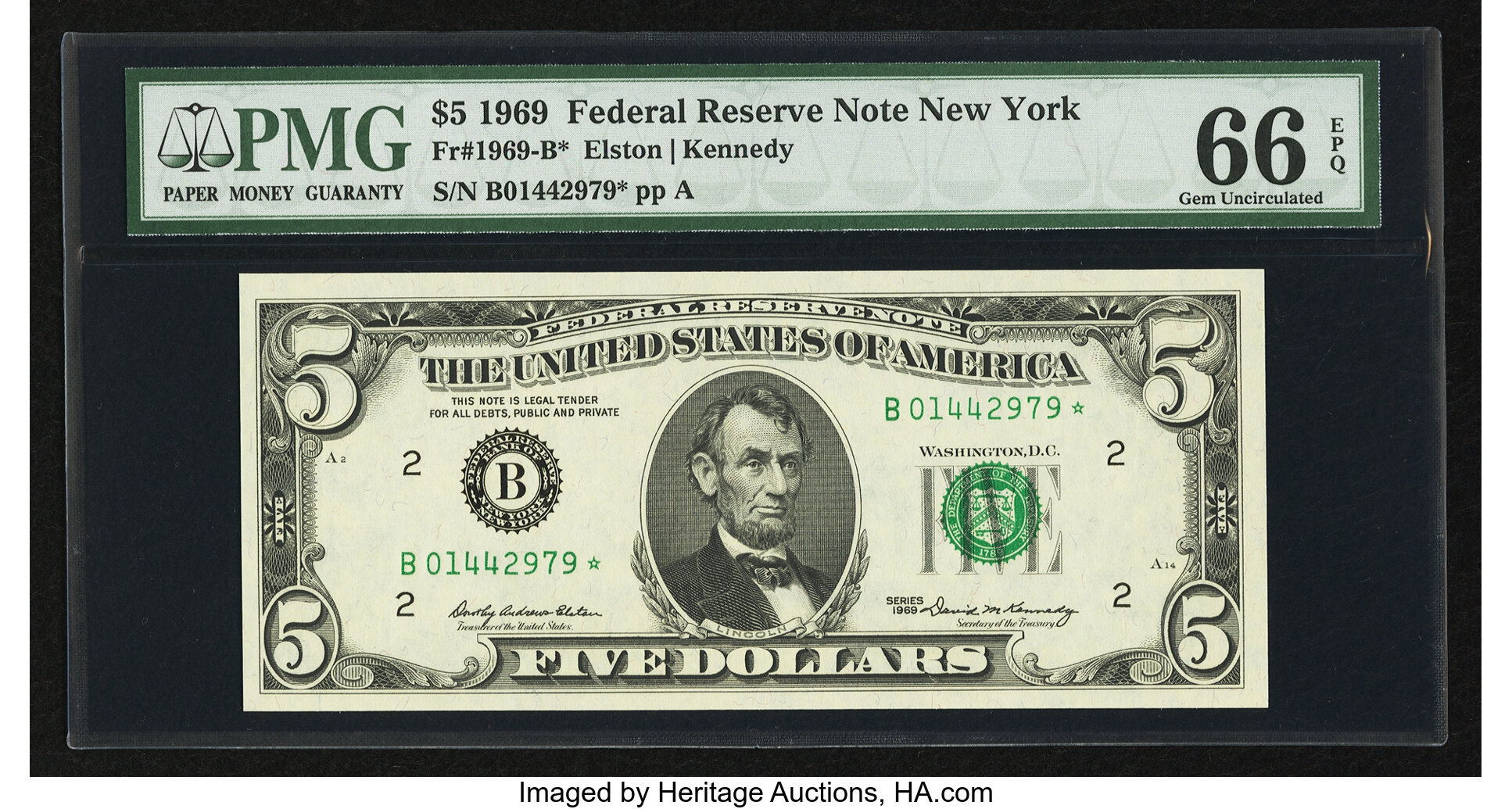 image for: Fr. 1969-B* $5 1969 Federal Reserve Note. PMG Gem Uncirculated 66 EPQ....