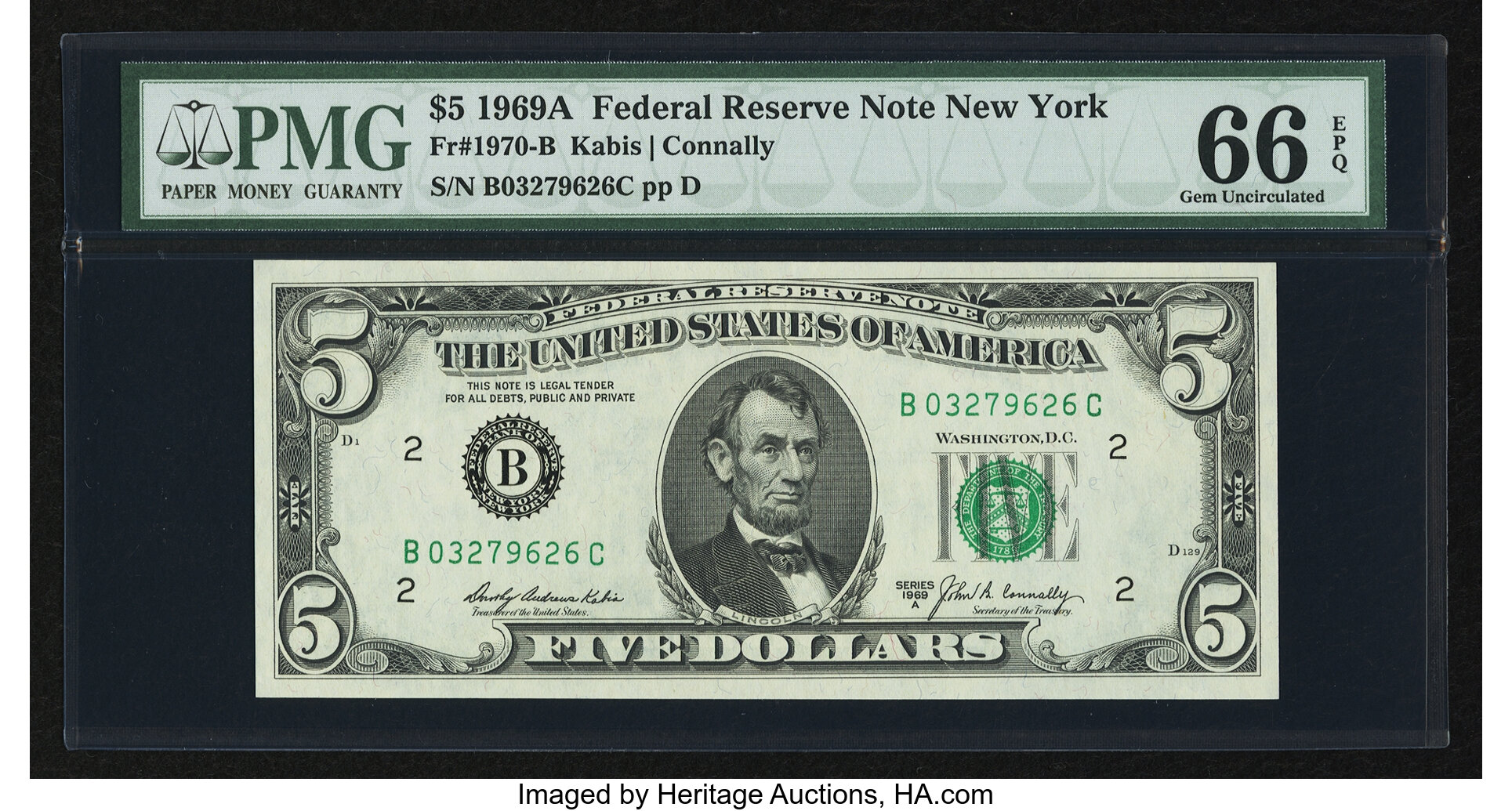 image for: Fr. 1970-B $5 1969A Federal Reserve Note. PMG Gem Uncirculated 66 EPQ....