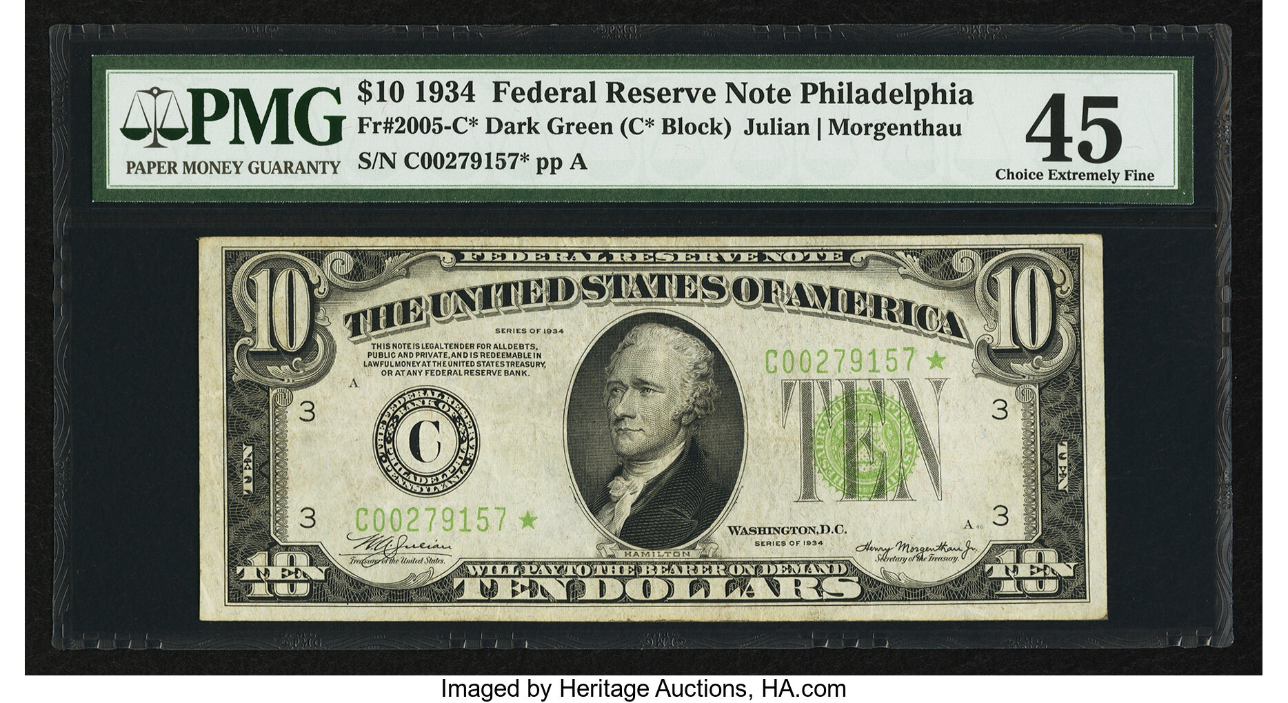 image for: Fr. 2005-C* $10 1934 Dark Green Seal Federal Reserve Note. PMG Choice Extremely Fine 45....
