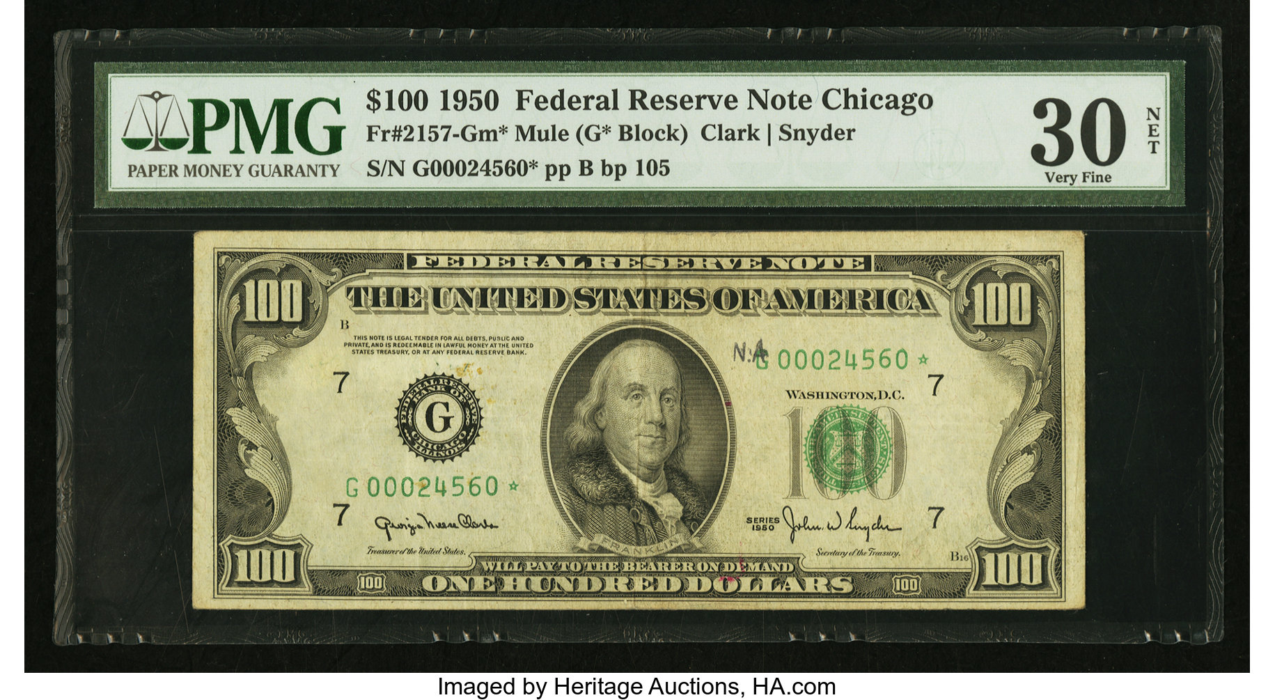 image for: Fr. 2157-G* $100 1950 Federal Reserve Note. PMG Very Fine 30 Net....