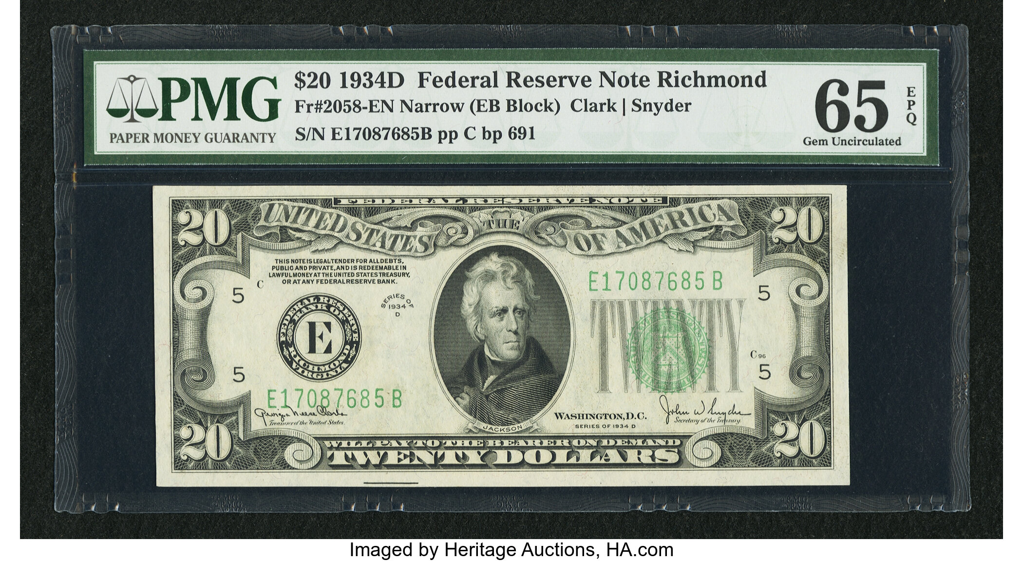 image for: Fr. 2058-E $20 1934D Narrow Federal Reserve Note. PMG Gem Uncirculated 65 EPQ....