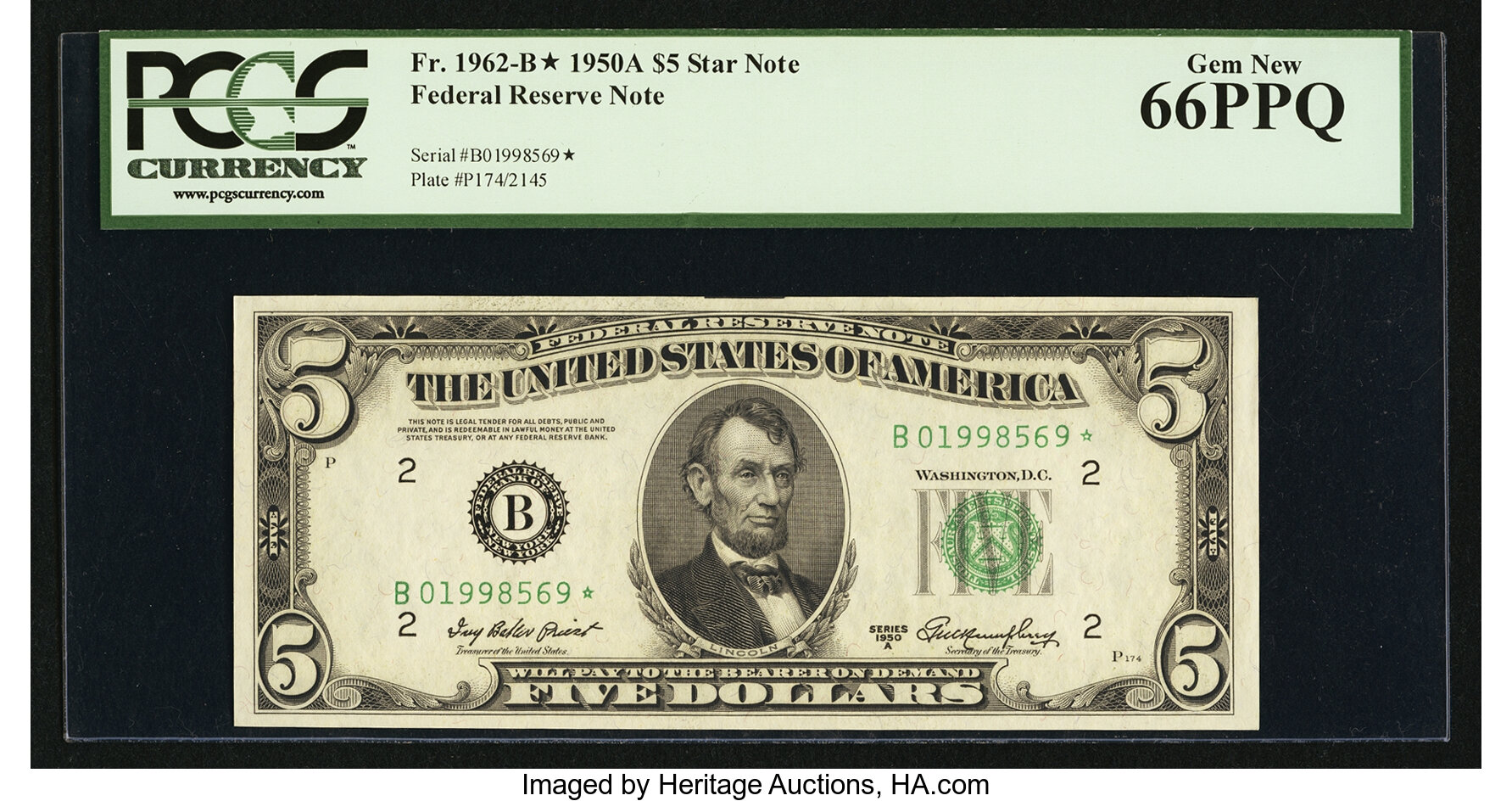 image for: Fr. 1962-B* $5 1950A Federal Reserve Note. PCGS Gem New 66PPQ....