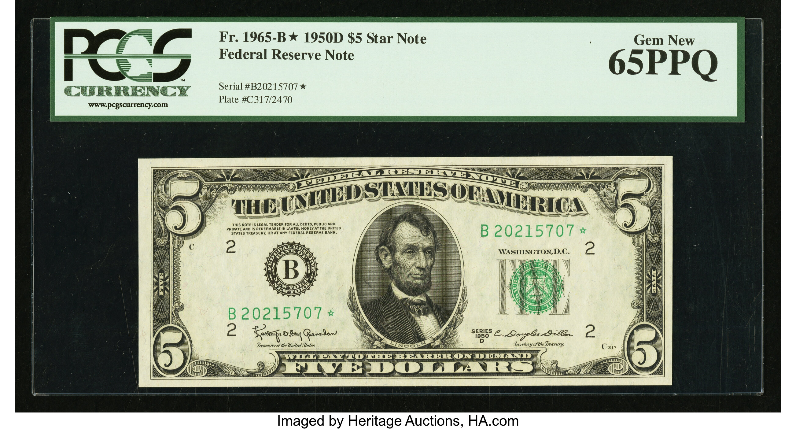 image for: Fr. 1965-B* $5 1950D Federal Reserve Note. PCGS Gem New 65PPQ....