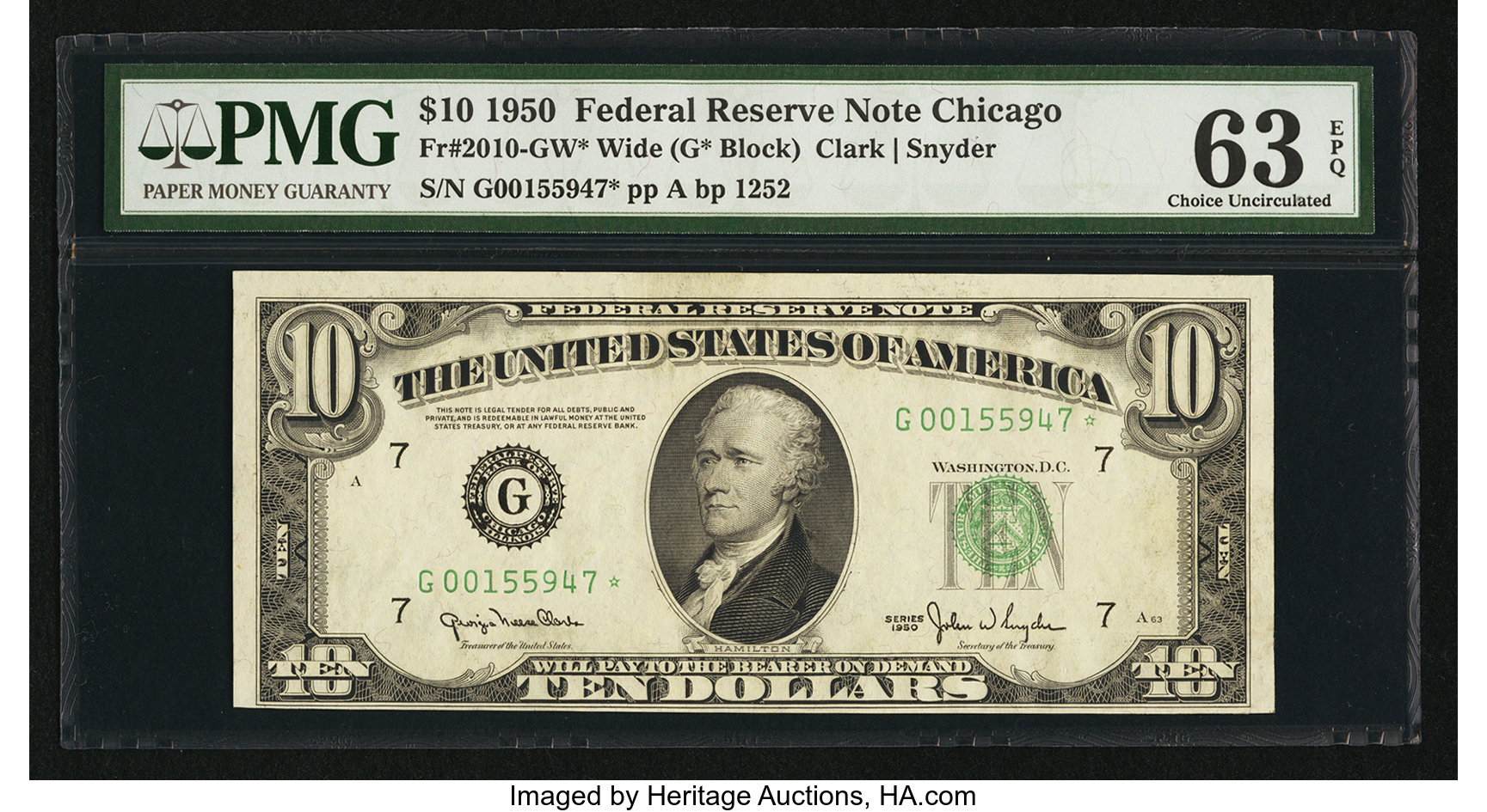 image for: Fr. 2010-G* $10 1950 Wide Federal Reserve Note. PMG Choice Uncirculated 63 EPQ....