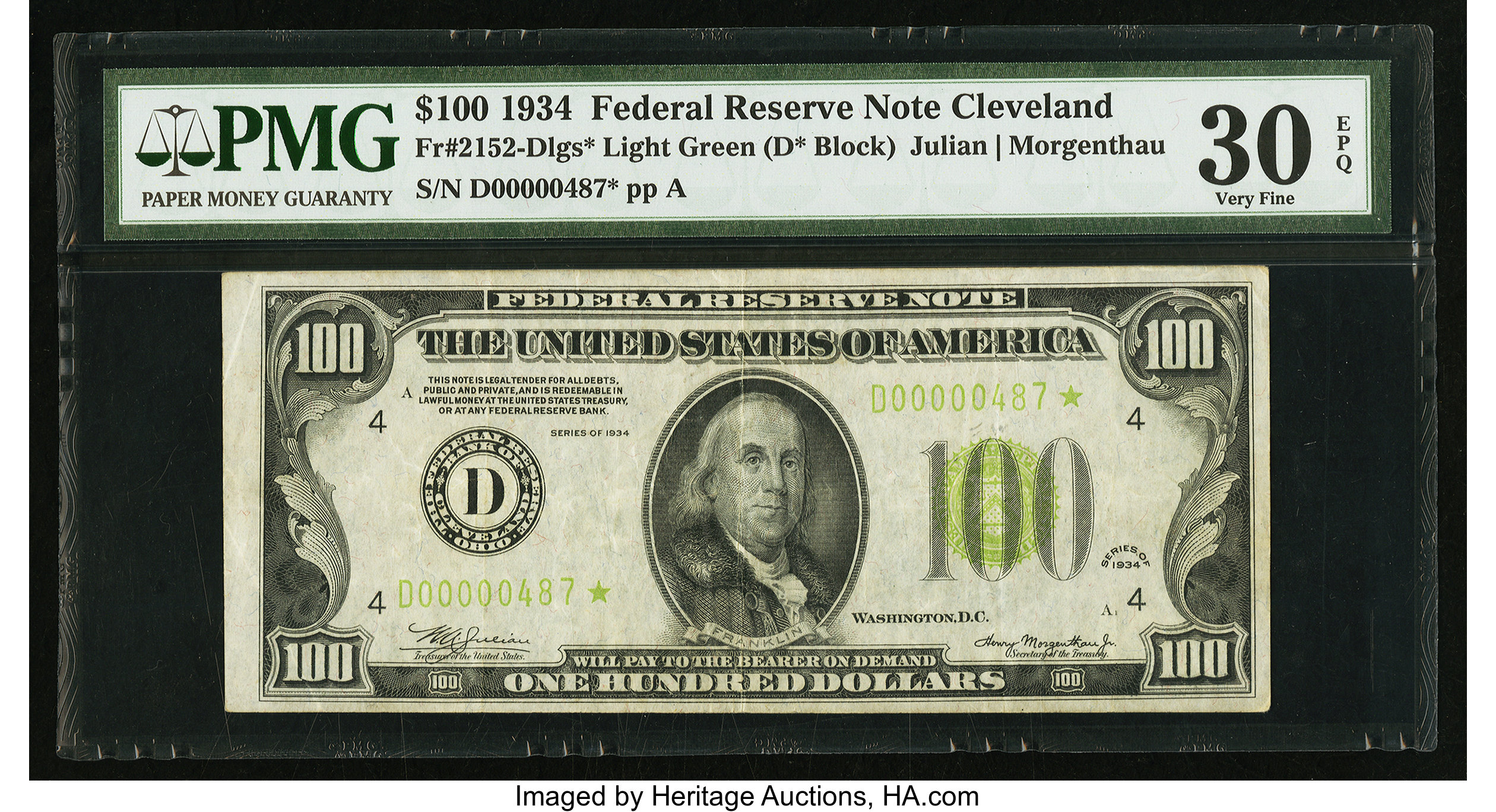 image for: Low Serial Number D00000487* Fr. 2152-D* $100 1934 Light Green Seal Federal Reserve Note. PMG Very Fine 30 EPQ....