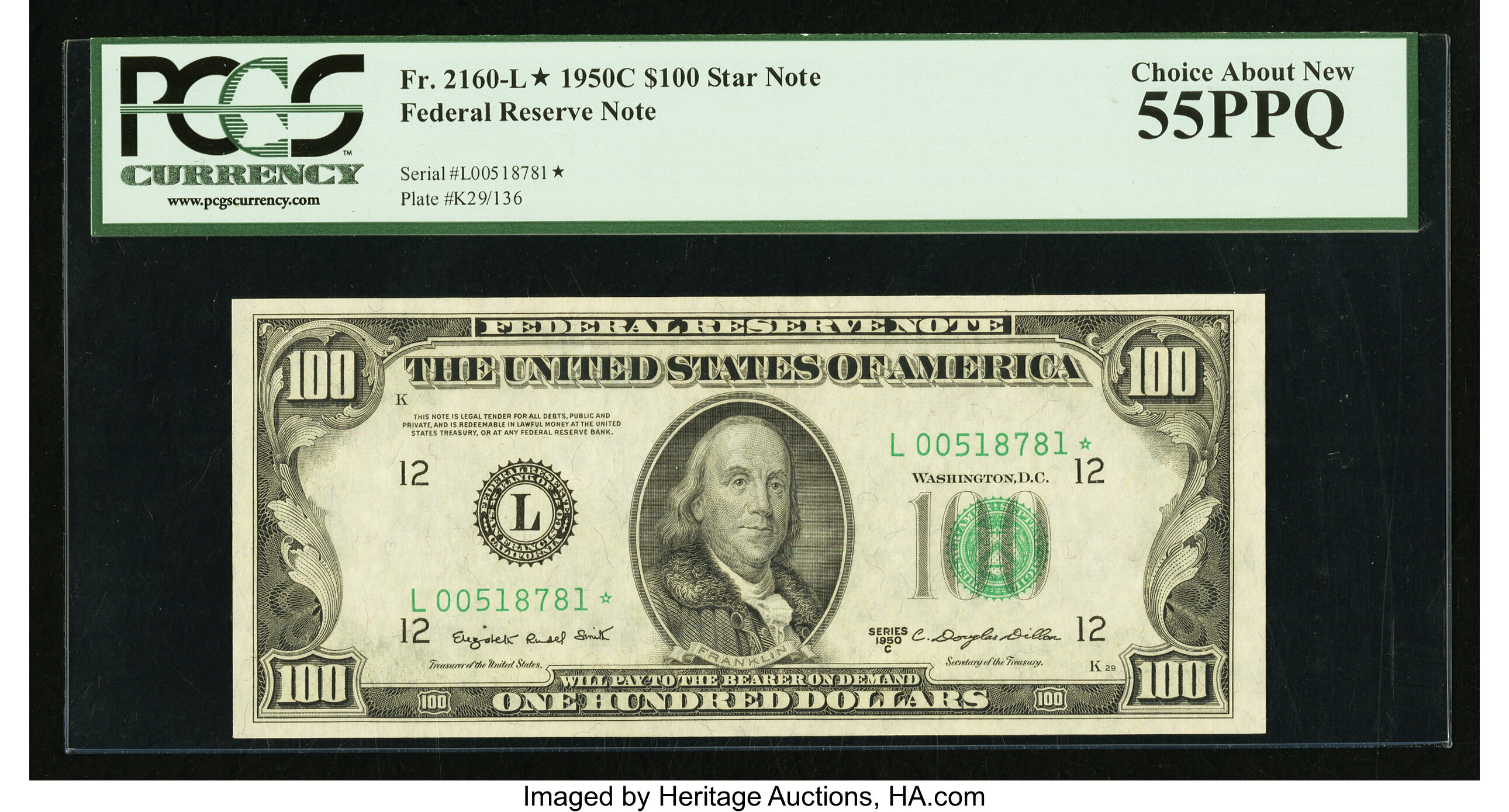 image for: Fr. 2160-L* $100 1950C Federal Reserve Note. PCGS Choice About New 55PPQ....