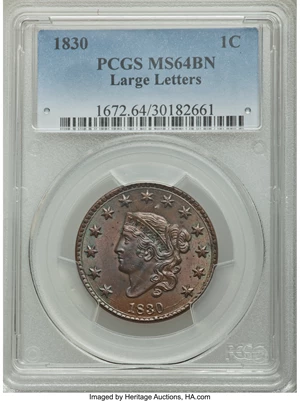 image for: 1830 1C Large Letters, N-4, R.2, MS64 Brown PCGS....