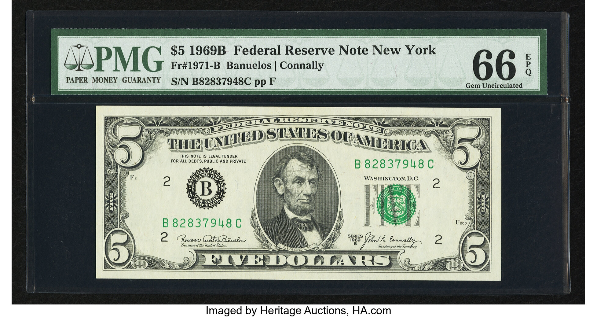 image for: Fr. 1971-B $5 1969B Federal Reserve Note. PMG Gem Uncirculated 66 EPQ....