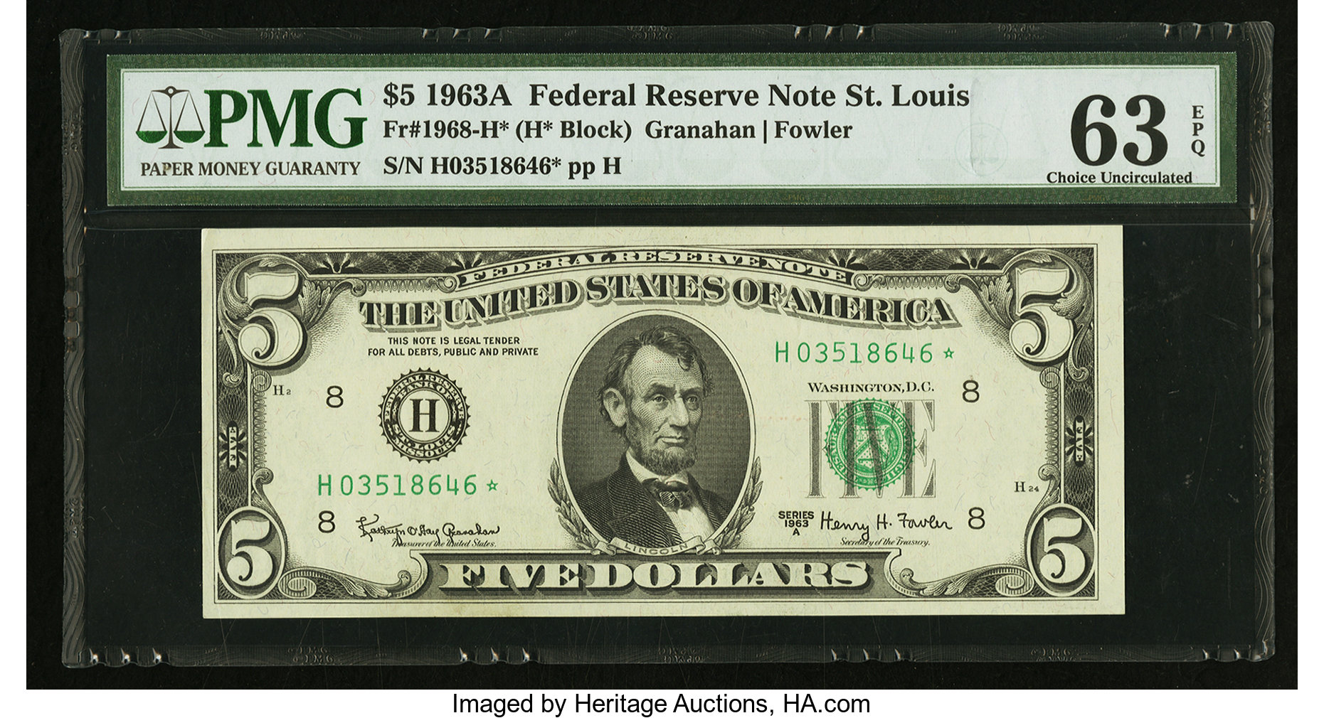 image for: Fr. 1968-H* $5 1963A Federal Reserve Star Note. PMG Choice Uncirculated 63 EPQ....