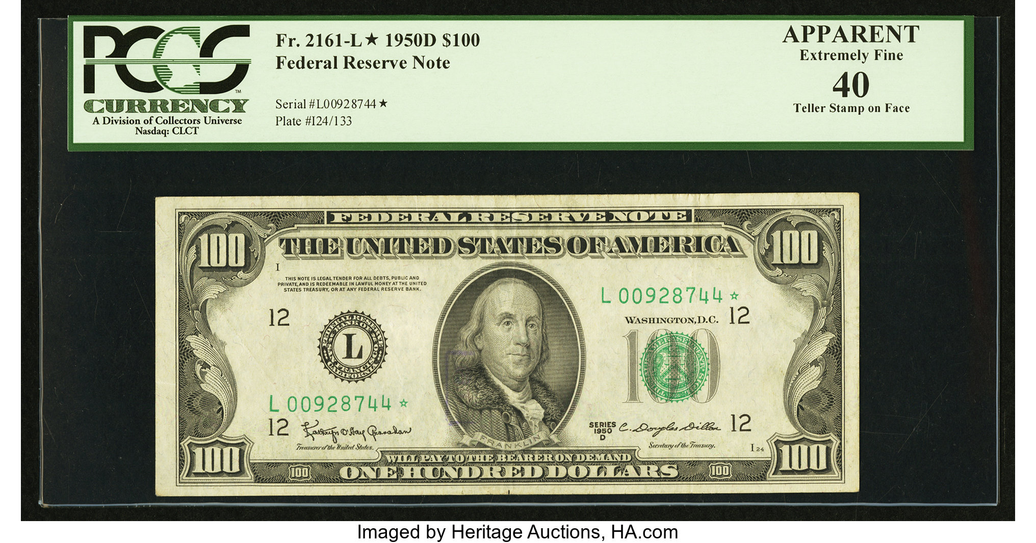 image for: Fr. 2161-L* $100 1950D Federal Reserve Star Note. PCGS Apparent Extremely Fine 40....