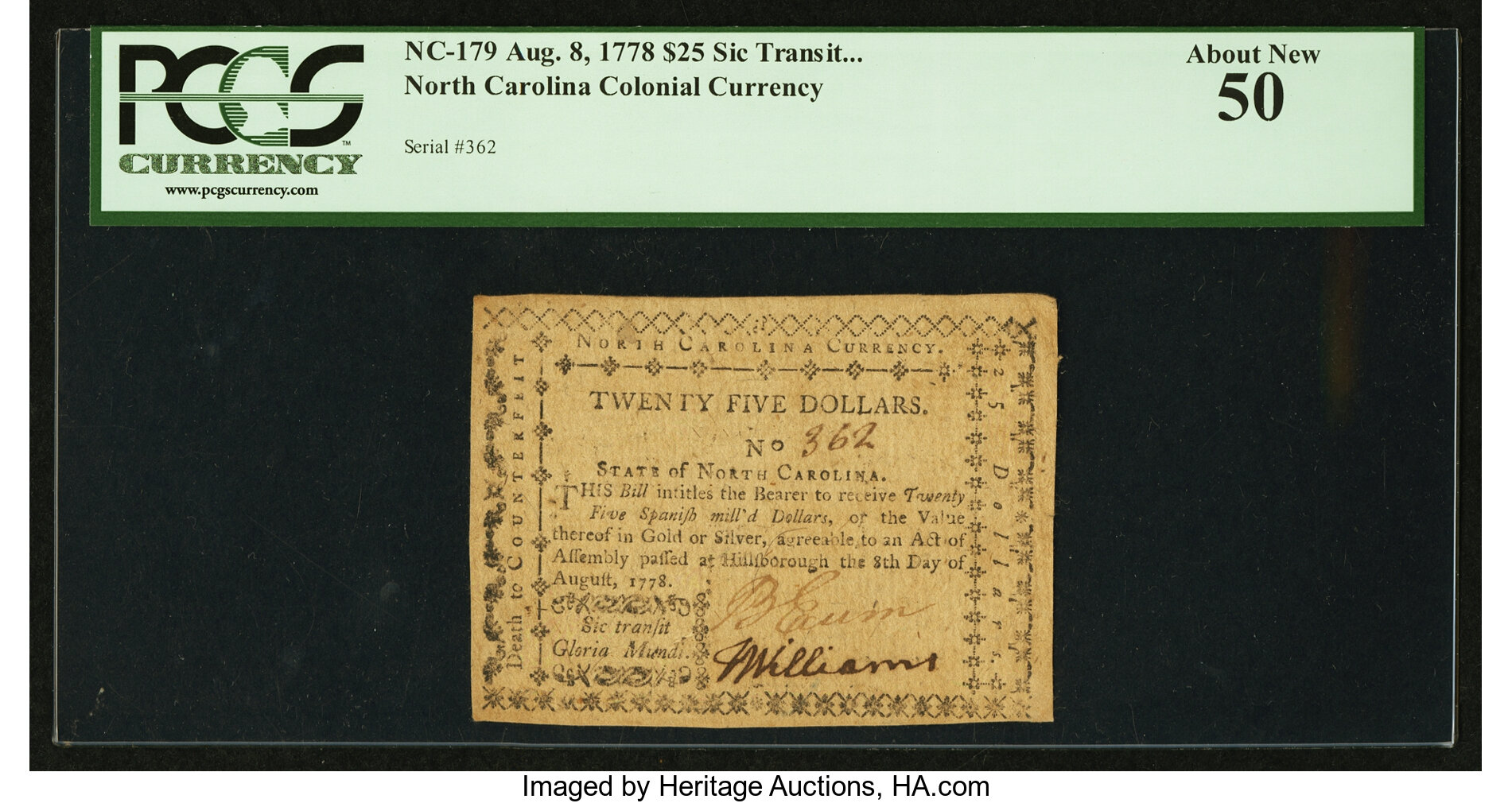 image for: North Carolina August 8, 1778 $25 Sic Transit Gloria Mundi PCGS About New 50....