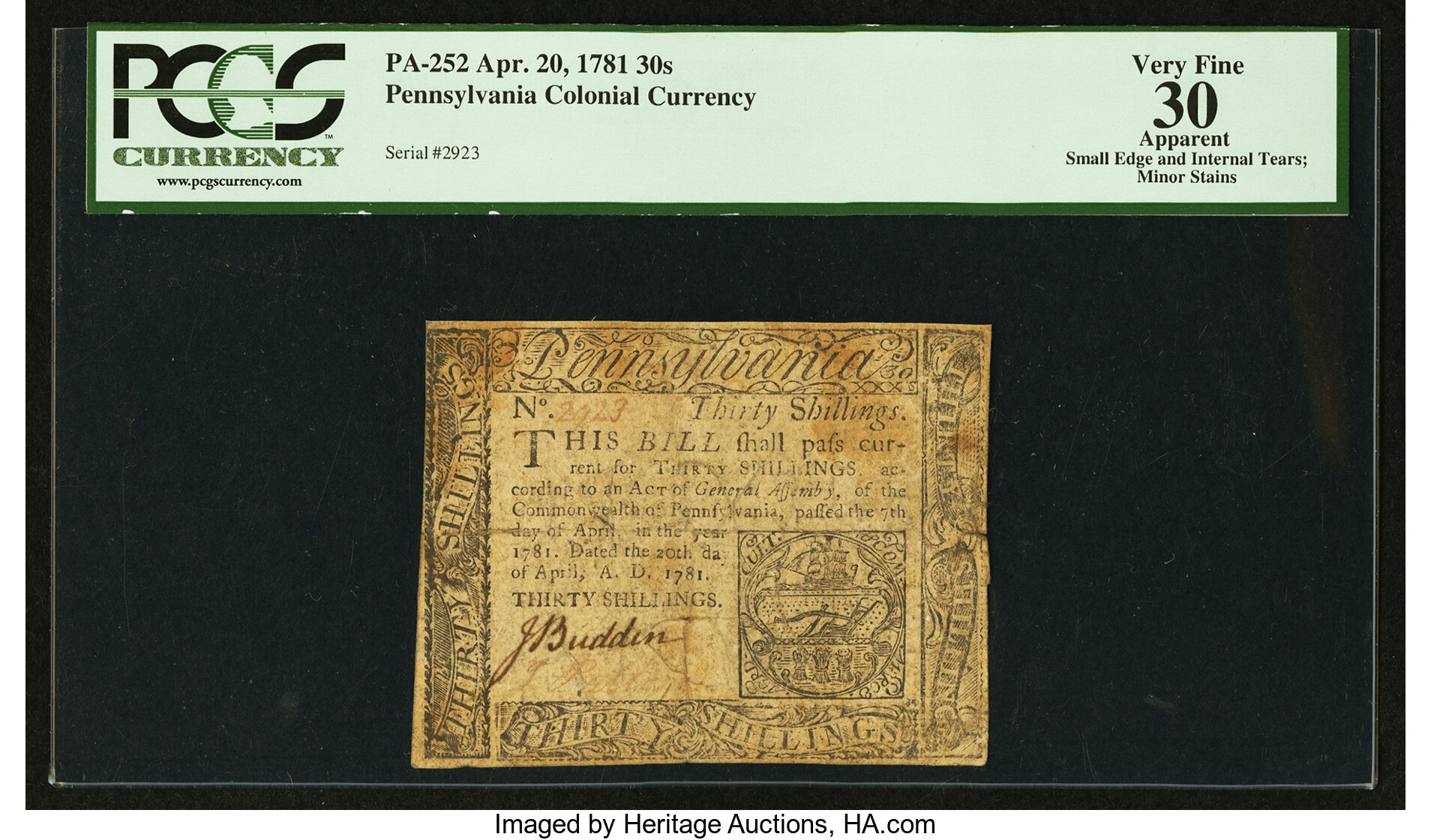 image for: Pennsylvania April 20, 1781 30s PCGS Apparent Very Fine 30....