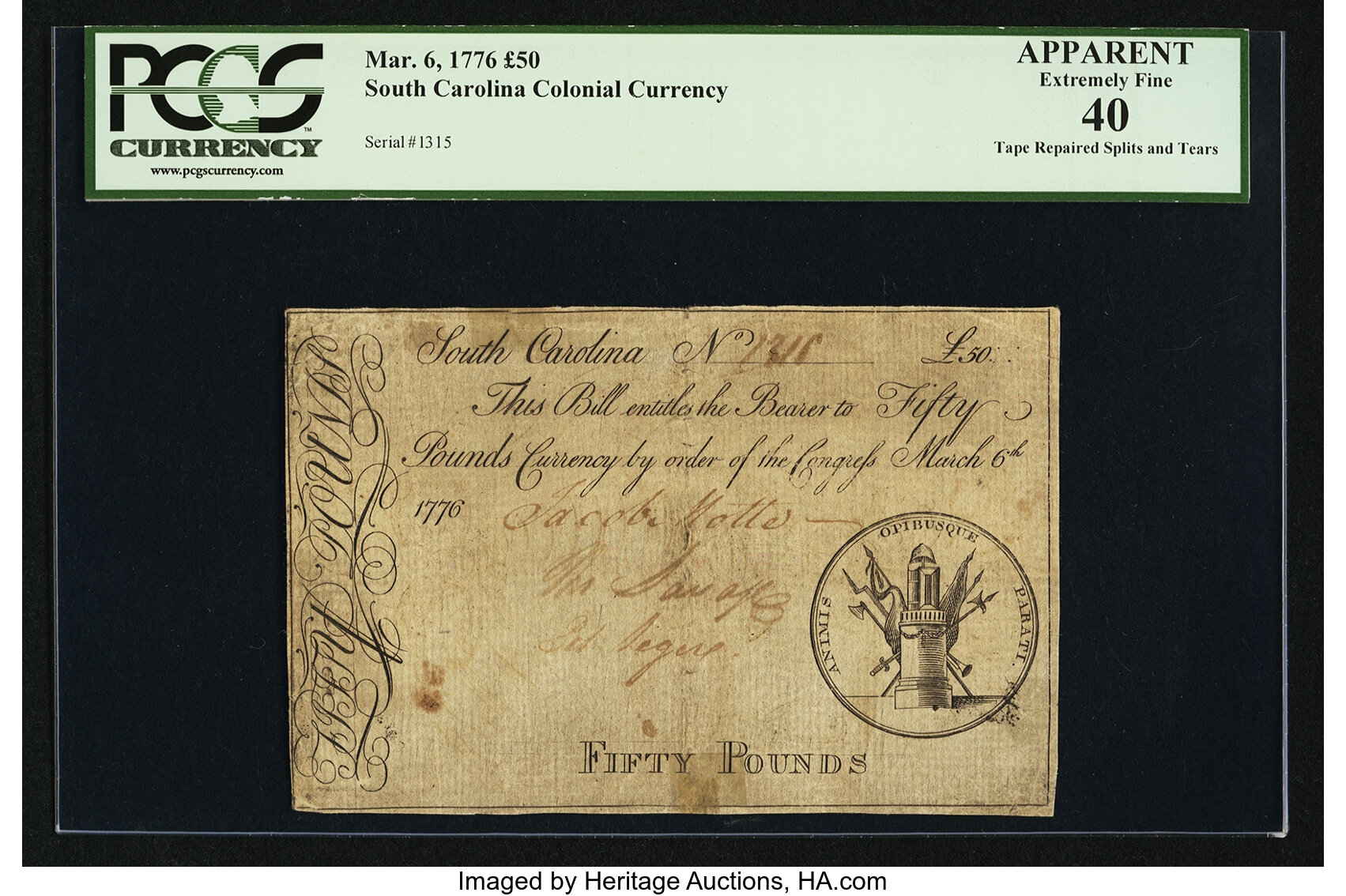 image for: South Carolina March 6, 1776 £50 PCGS Apparent Extremely Fine 40....