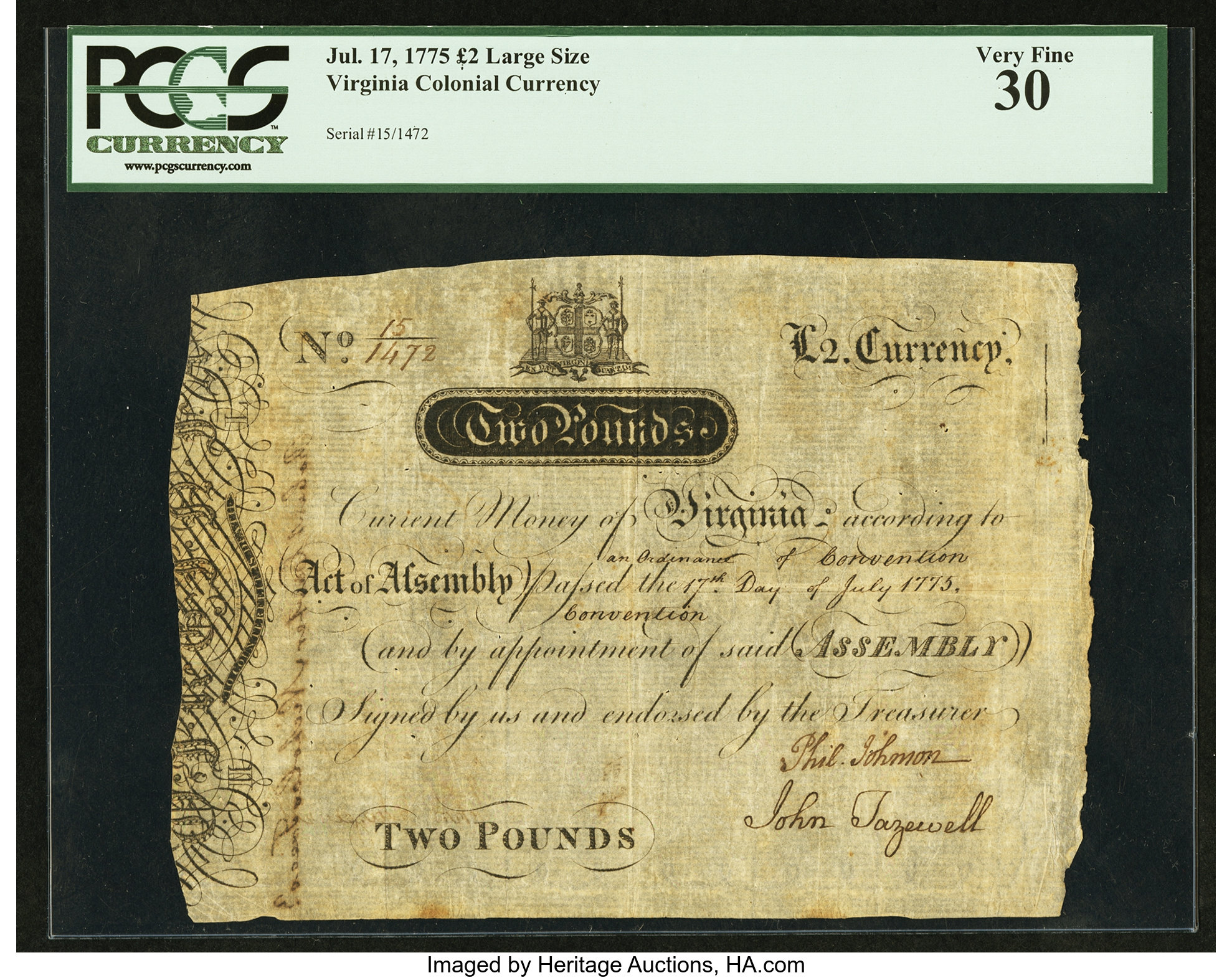 image for: Virginia July 17, 1775 Large Format £2 PCGS Very Fine 30....