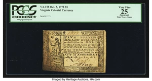 image for: Virginia October 5, 1778 $5 PCGS Apparent Very Fine 25....