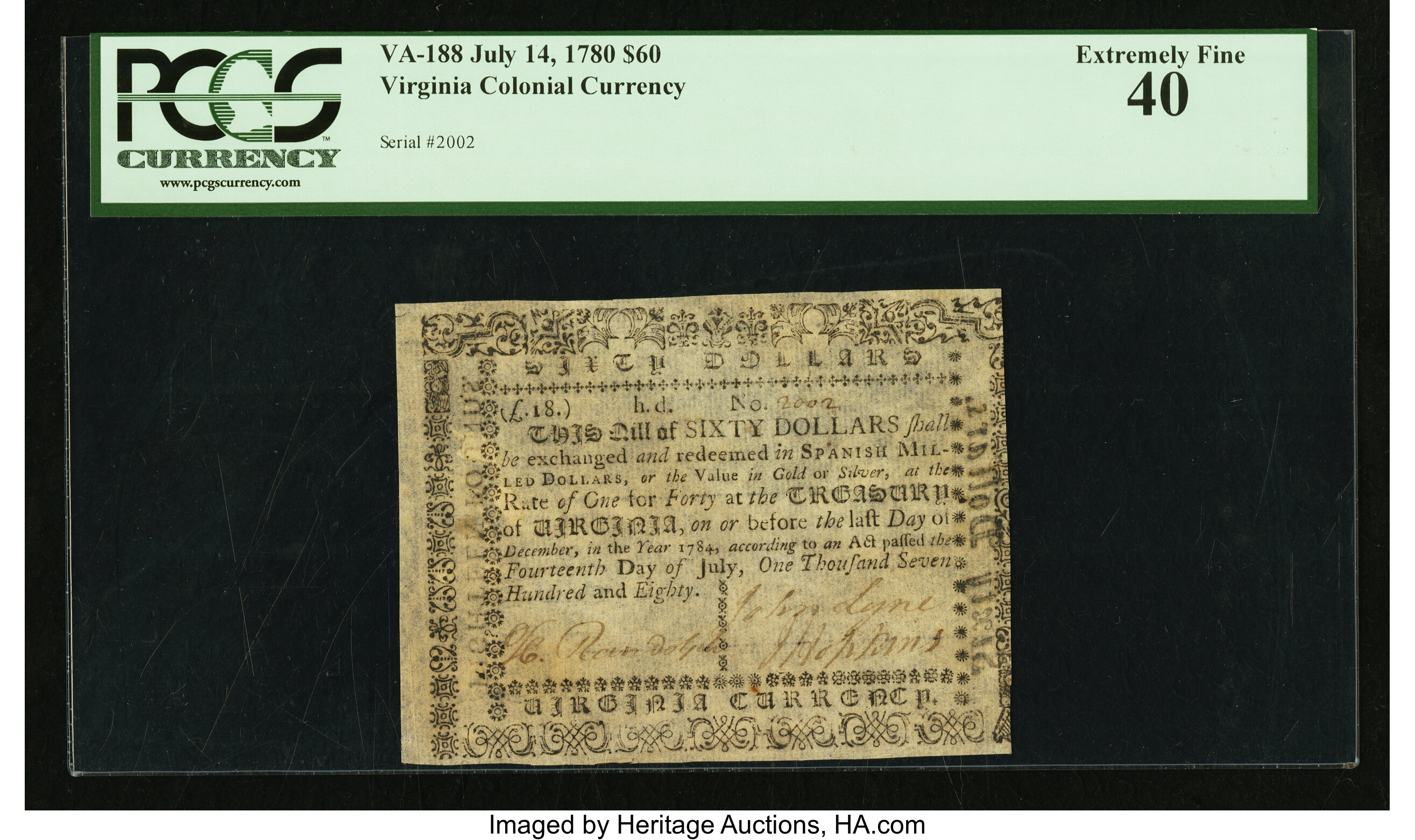 image for: Virginia July 14, 1780 $60 PCGS Extremely Fine 40....