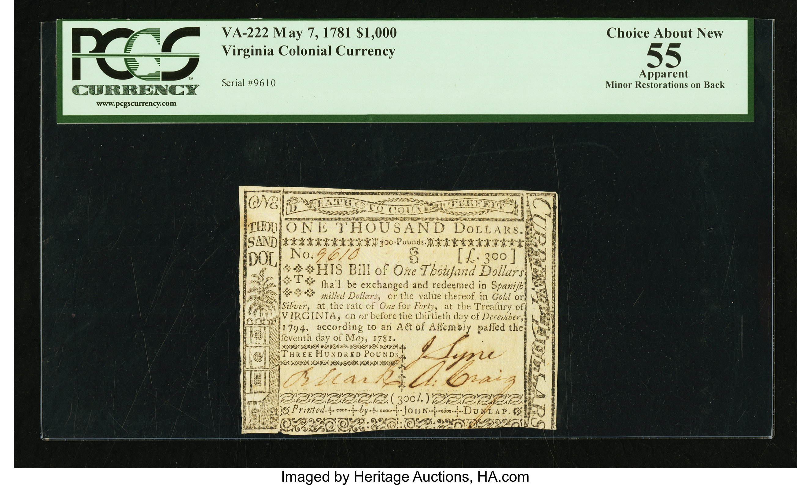 image for: Virginia May 7, 1781 $1,000 PCGS Apparent Choice About New 55....