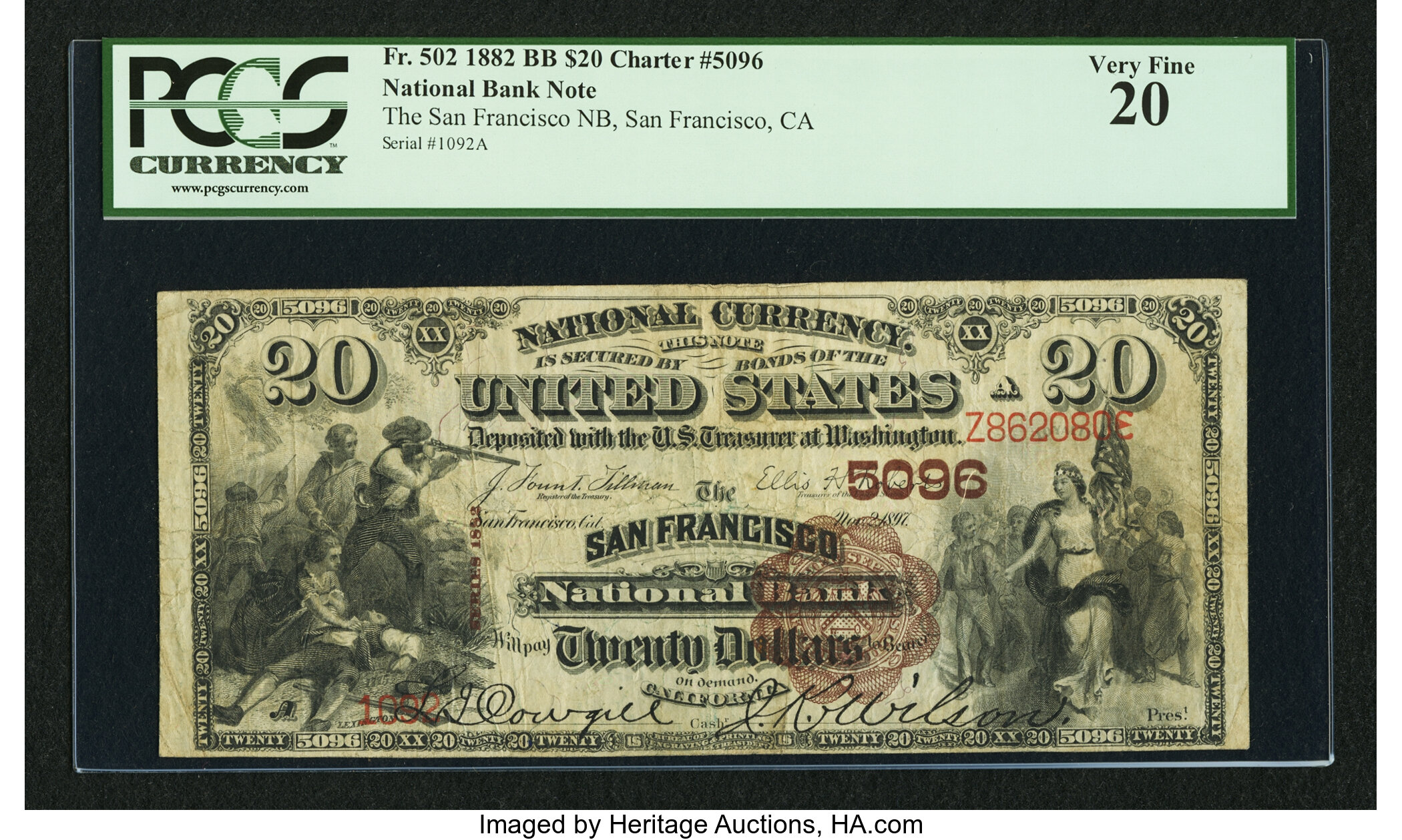 image for: San Francisco, CA - $20 1882 Brown Back Fr. 502 The San Francisco NB Ch. # 5096...