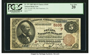 image for: San Francisco, CA - $5 1882 Brown Back Fr. 476 The Nevada NB Ch. # (P)5105...