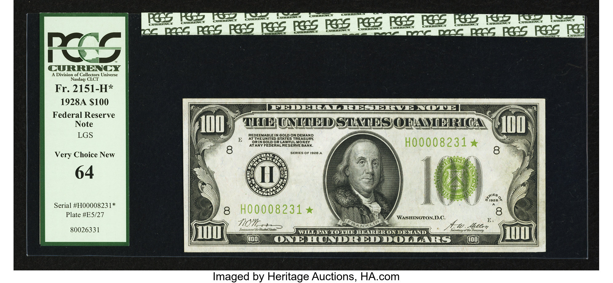 image for: Fr. 2151-H* $100 1928A Light Green Seal Federal Reserve Note. PCGS Very Choice New 64....