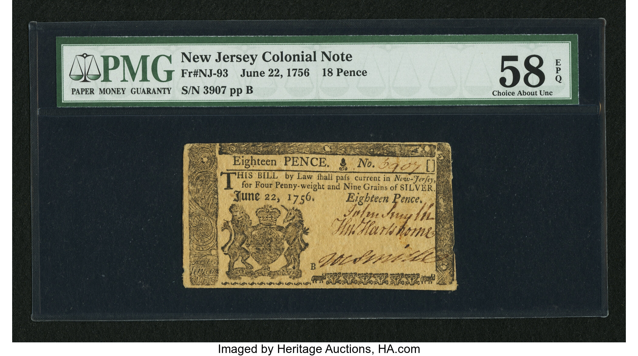 image for: New Jersey June 22, 1756 18d PMG Choice About Unc 58 EPQ....