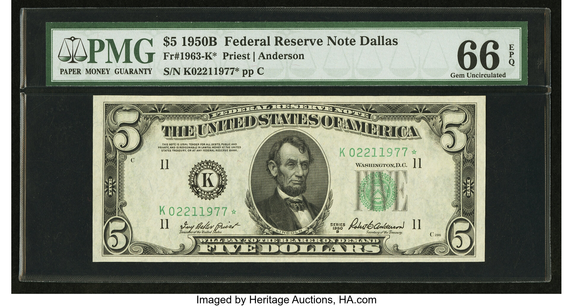 image for: Fr. 1963-K* $5 1950B Federal Reserve Note. PMG Gem Uncirculated 66 EPQ....