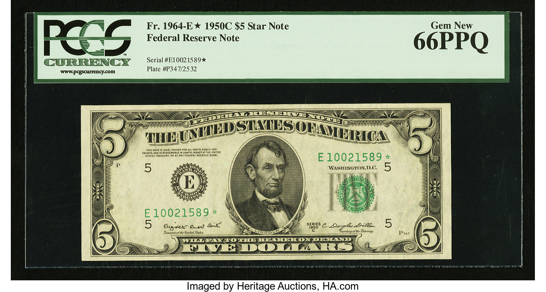 image for: Fr. 1964-E* $5 1950C Federal Reserve Note. PCGS Gem New 66PPQ....