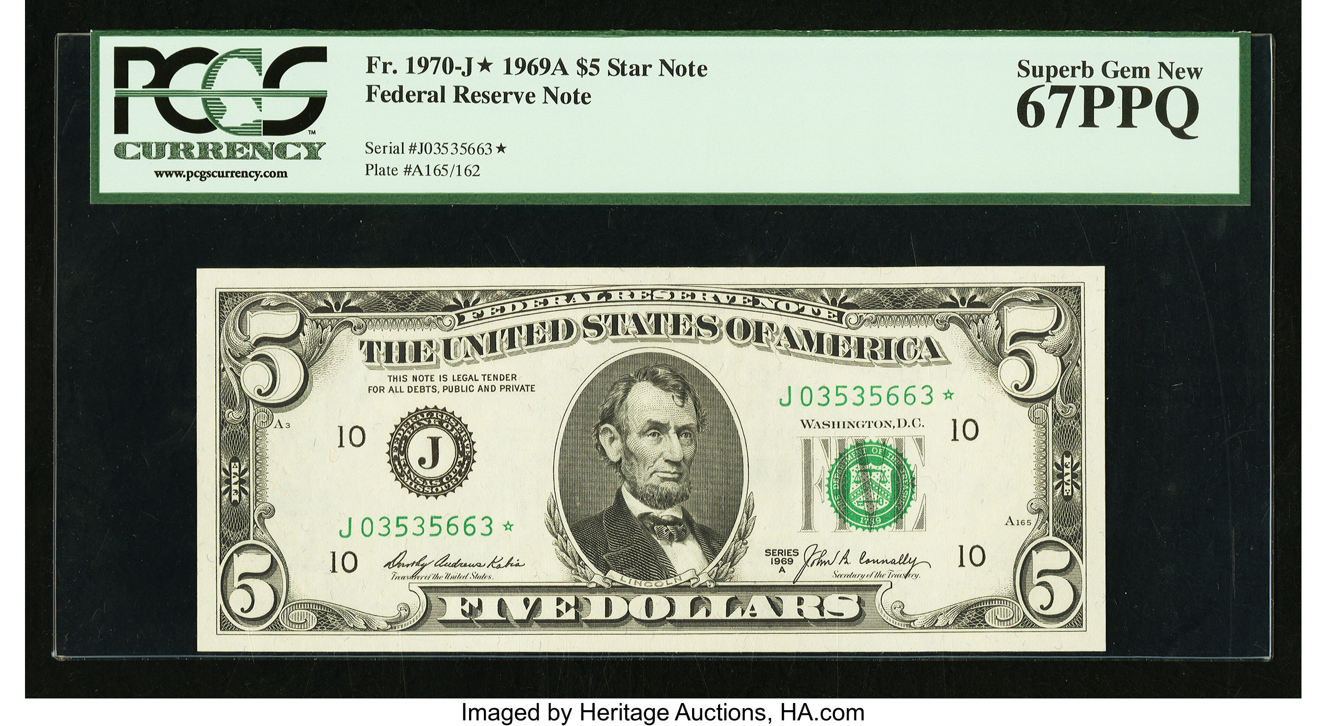 image for: Fr. 1970-J* $5 1969A Federal Reserve Note. PCGS Superb Gem New 67PPQ....