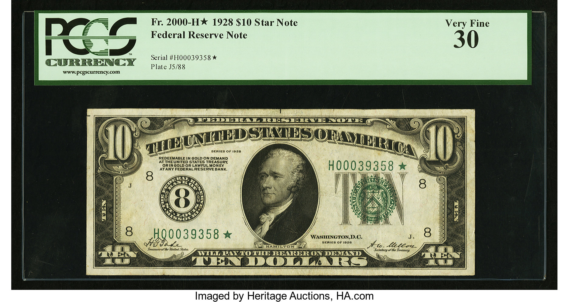 image for: Fr. 2000-H* $10 1928 Federal Reserve Note. PCGS Very Fine 30....