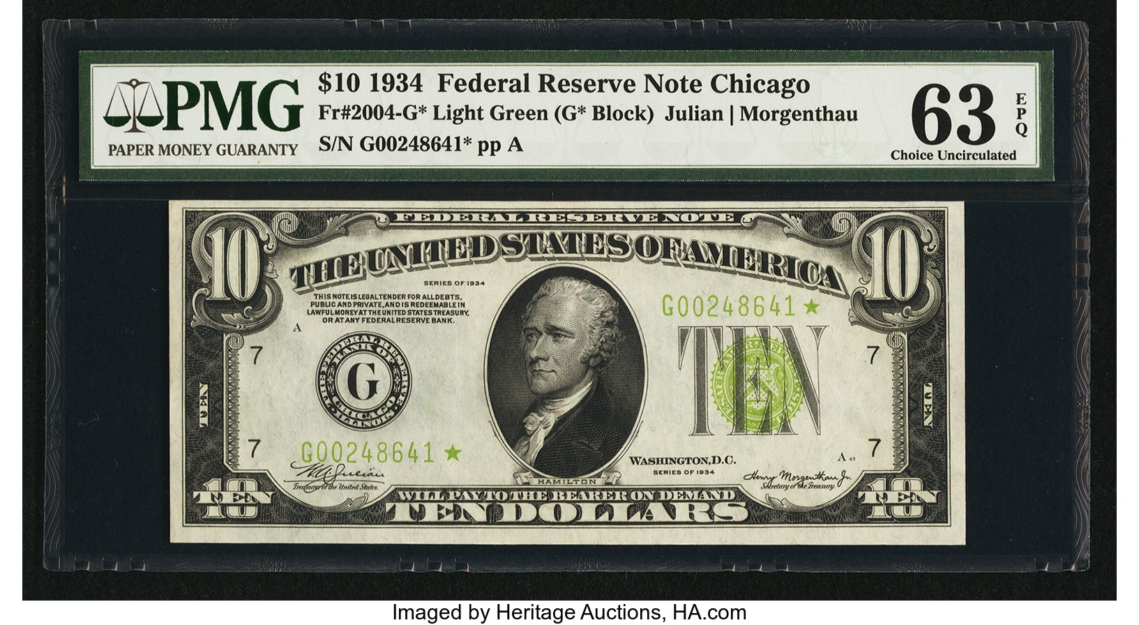 image for: Fr. 2004-G* $10 1934 Light Green Seal Federal Reserve Note. PMG Choice Uncirculated 63 EPQ....