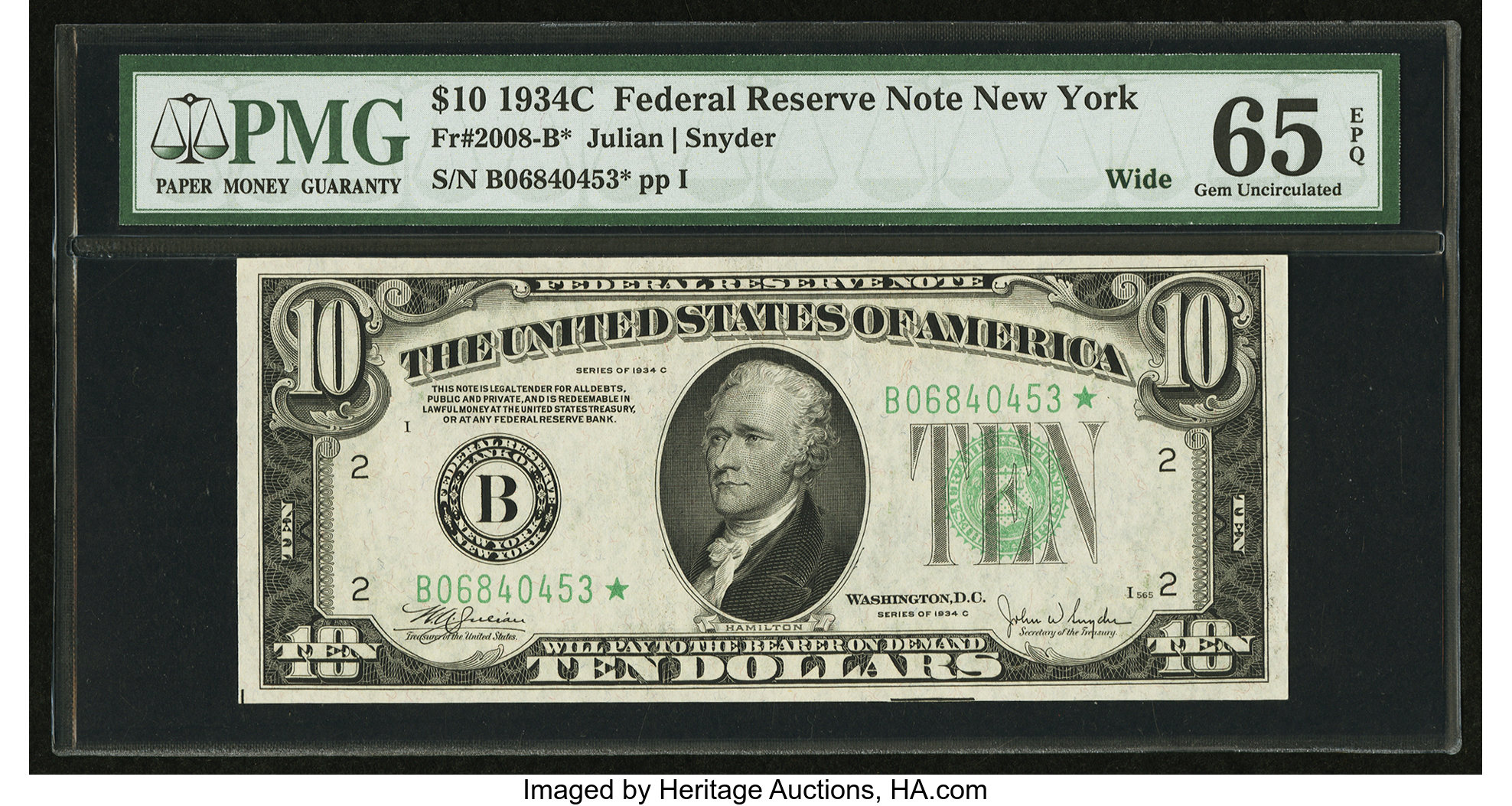image for: Fr. 2008-B* $10 1934C Wide Federal Reserve Note. PMG Gem Uncirculated 65 EPQ....