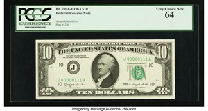 image for: Low Serial Number J00000111A Fr. 2016-J $10 1963 Federal Reserve Note. PCGS Very Choice New 64....