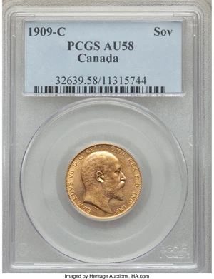 image for: Edward VII gold Sovereign 1909-C AU58 PCGS